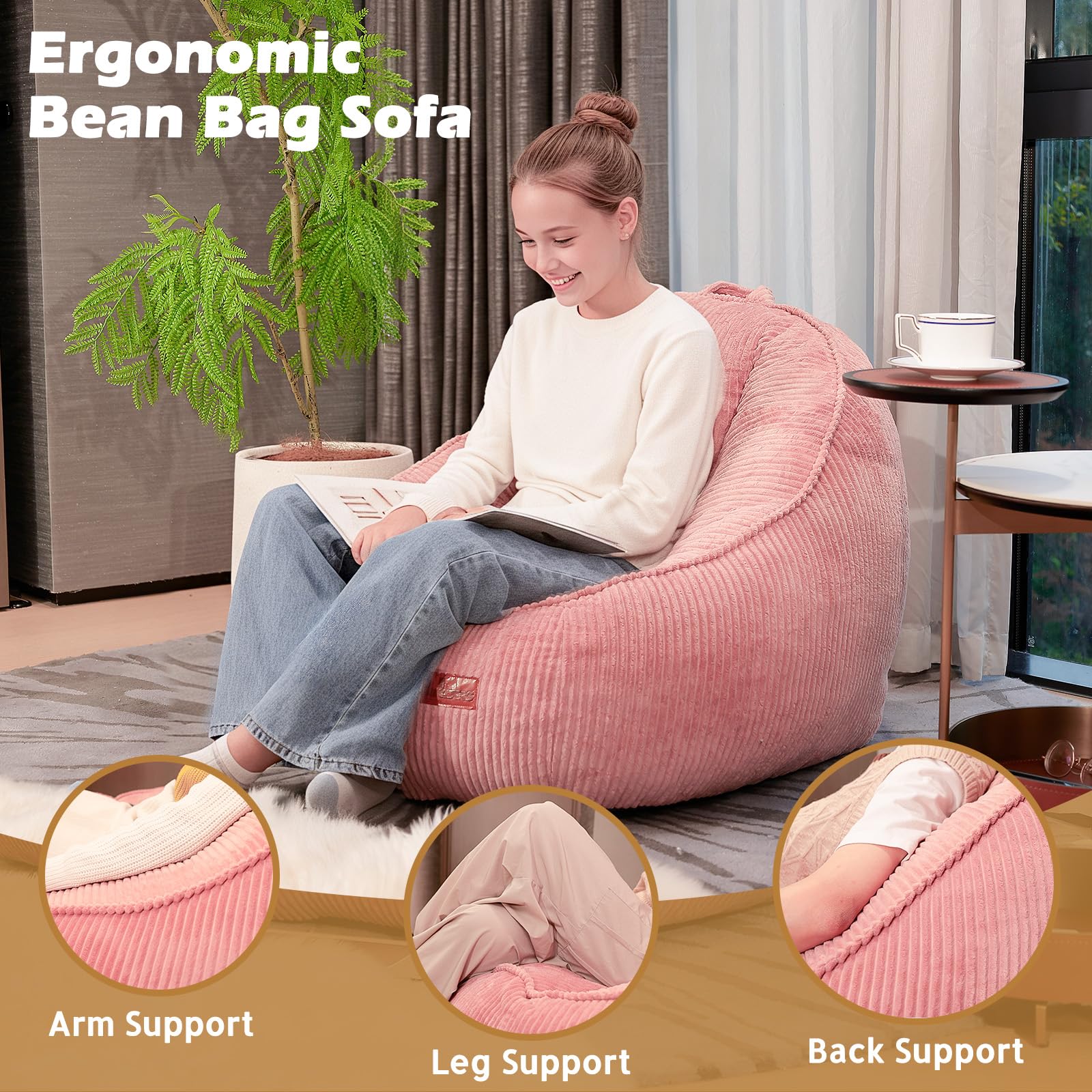 Sitzsack mit Memory-Foam-Füllung, Großer Cord Sitzsack für Erwachsene & Kinder, Bequemer Boneless Bean Bag mit Tragegriff für Wohnzimmer, Schlafzimmer, Gamingzimmer, Büro & Balkon(Rosa-M)
