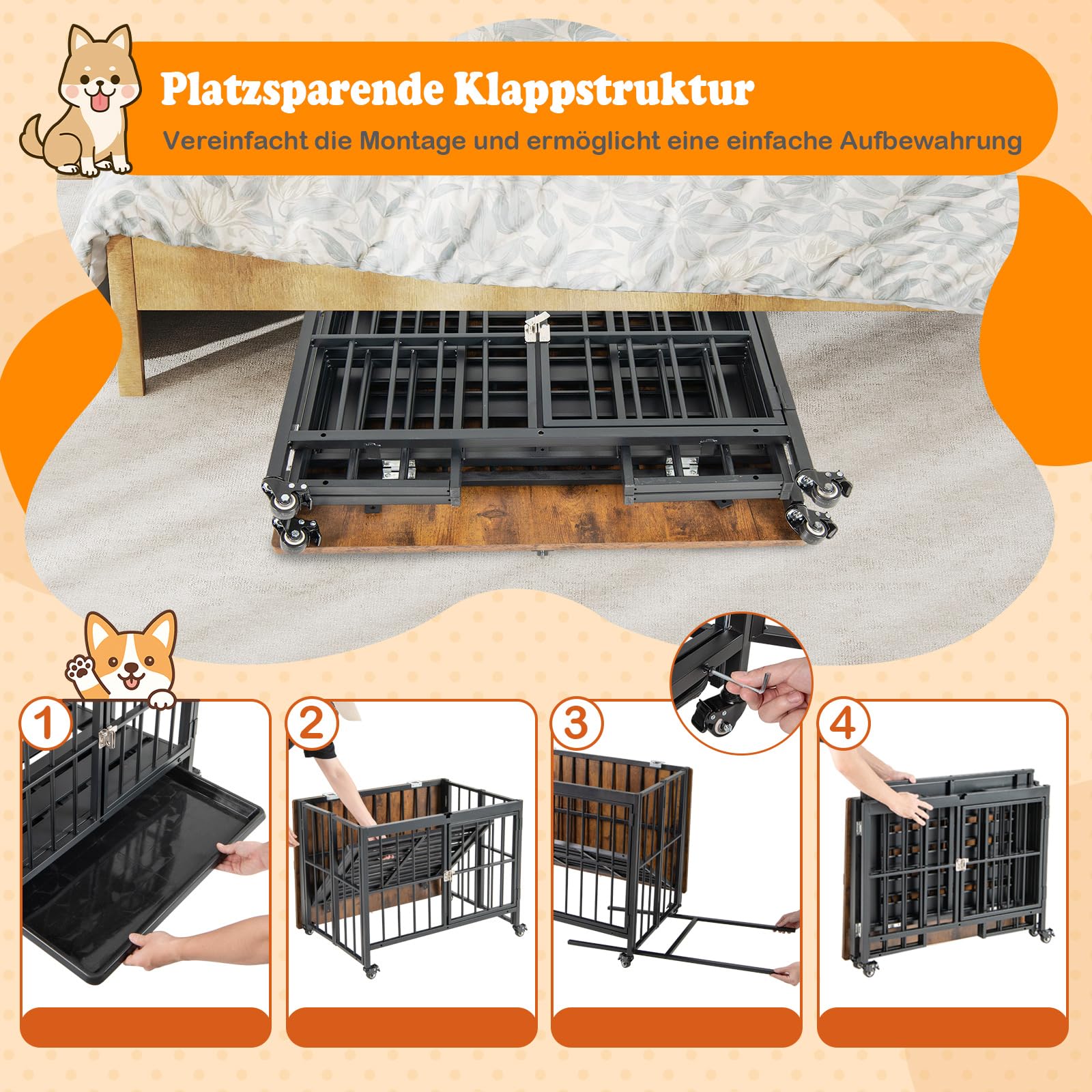 COSTWAY Hundekäfig Möbel, klappbar, Hundehütte mit Rollen, herausnehmbarem Tablett & abschließbarer Tür, 2 in 1 Beistelltisch Hundebox Indoor, Tierkäfig Metall Holz, Vintagebraun (80 x 61 x 64 cm)