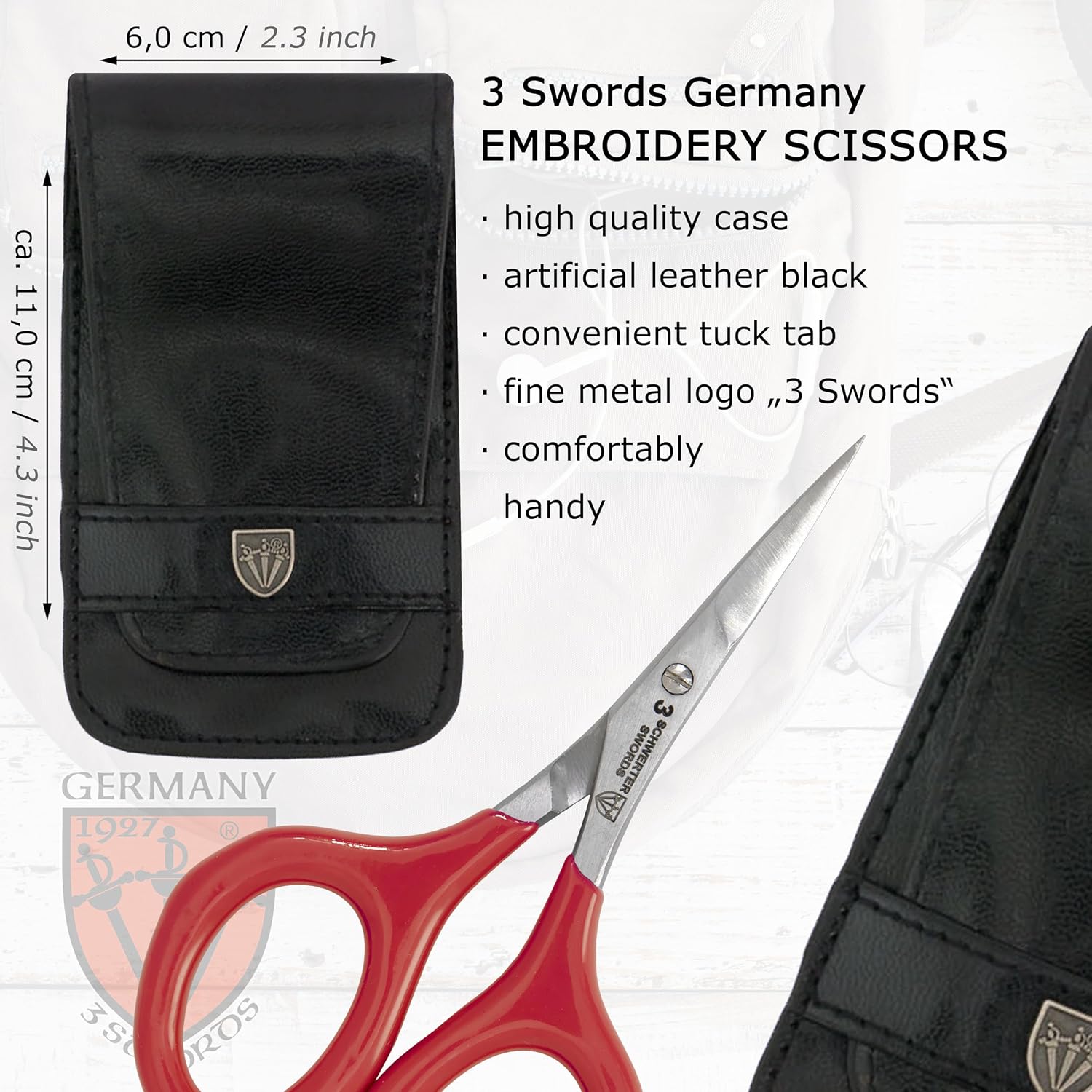 3 Swords Germany - Embroidery Scissors, Shears for Art Work, Daily Use in Household, Sewing, Art Work, Craft with Synthetic Leather case - red/black