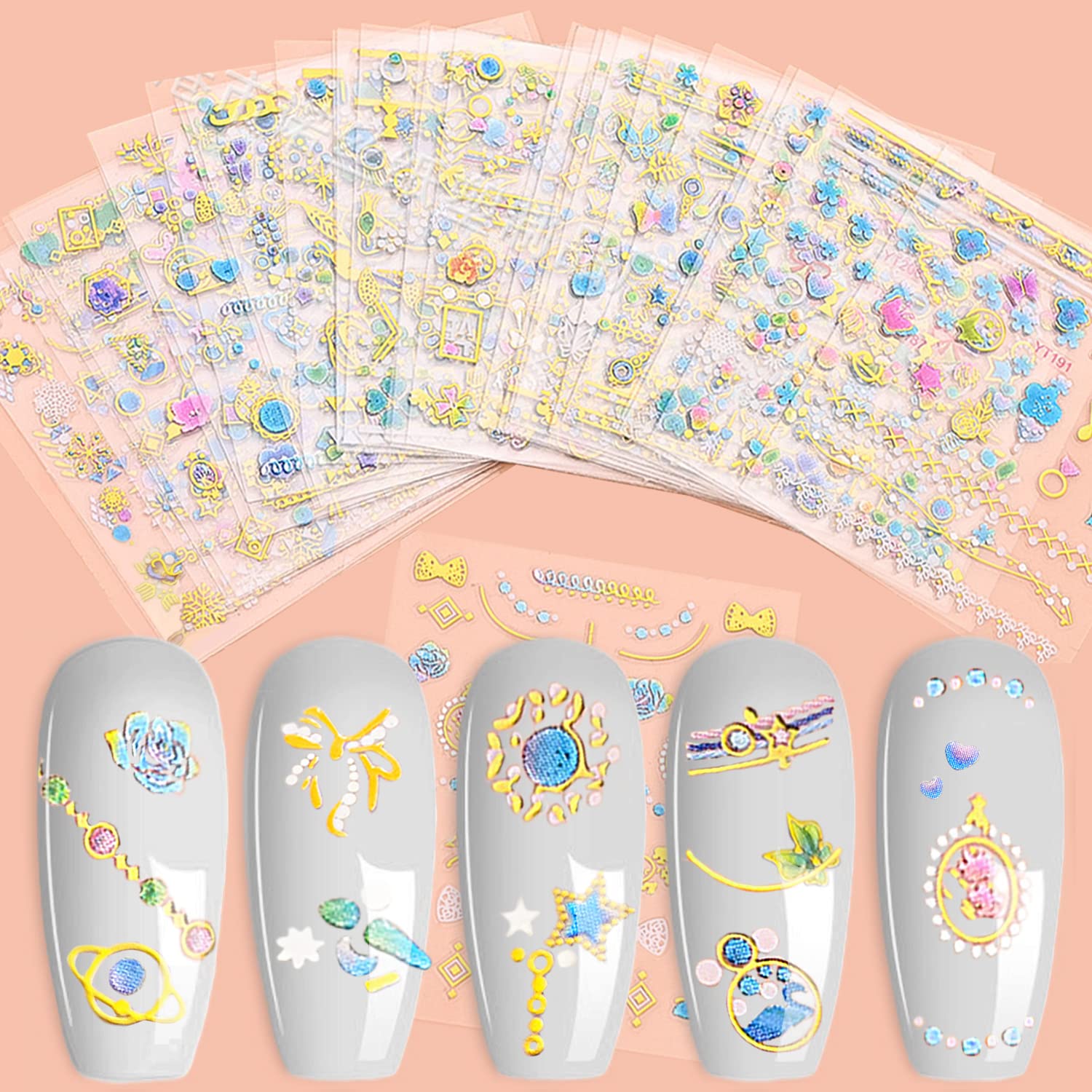 30 Sheets Luxury Nail Art Stickers Gold Flowers Different Bronze Lines Butterfly Letter Shape, 3D Self-Adhesive Jewelry Diamond Nail Decals for Women Girls Kids (Pack of 1)(Group A)