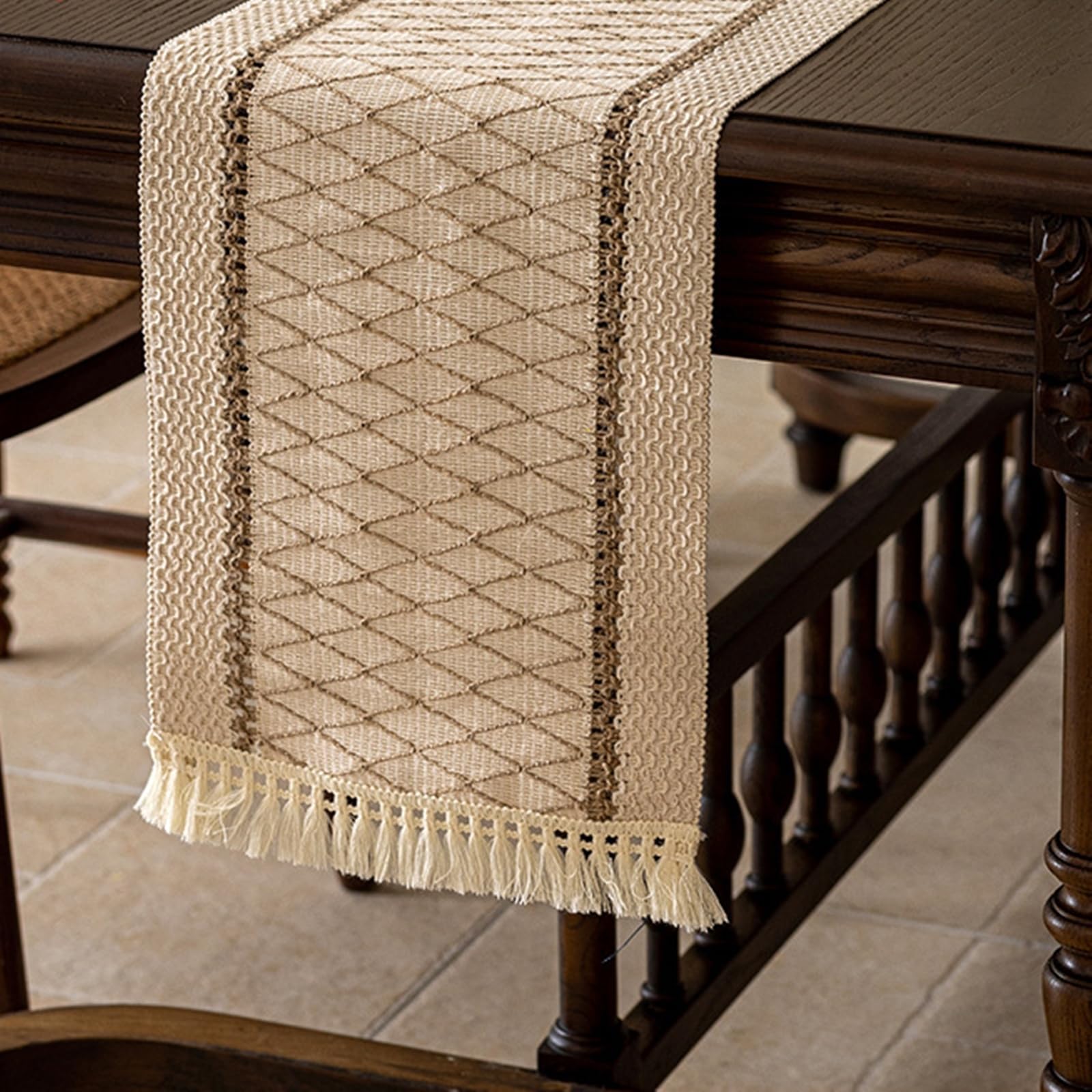 Tischläufer Polyester Landhausstil, Tischläufer Hochzeit 30x350 cm, Kaffeefarbener Stoff mit Quasten Zweifarbig