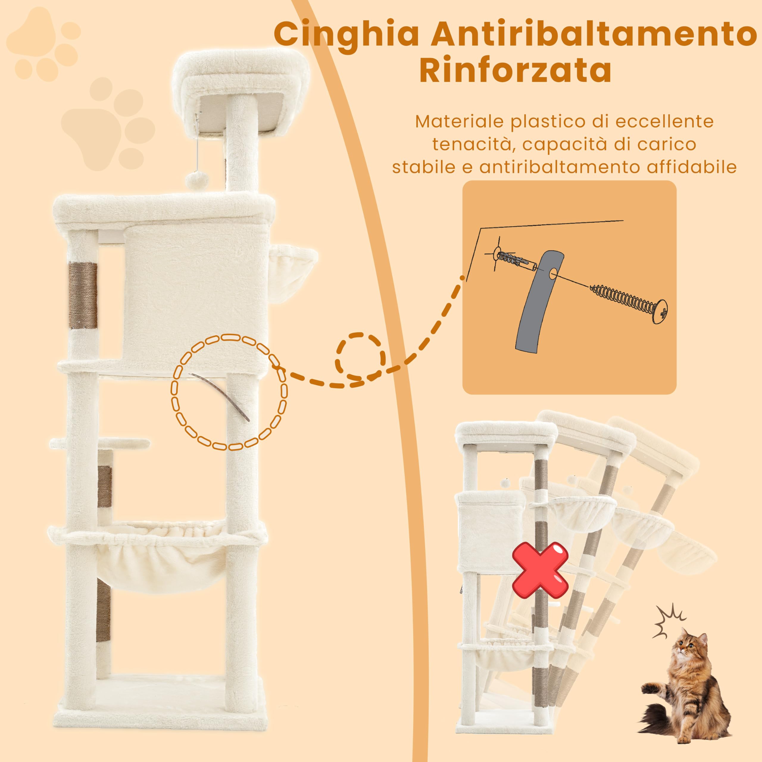 Heybly Albero Tiragraffi 142 cm Gatti Grandi, Torre Scalata Facile HCT028MJ | Amaca XL In Peluche, Cuccia Privata, Cesta Orientabile, Sisal Naturale, Base Stabile, Riposo E Gioco In Casa, Beige