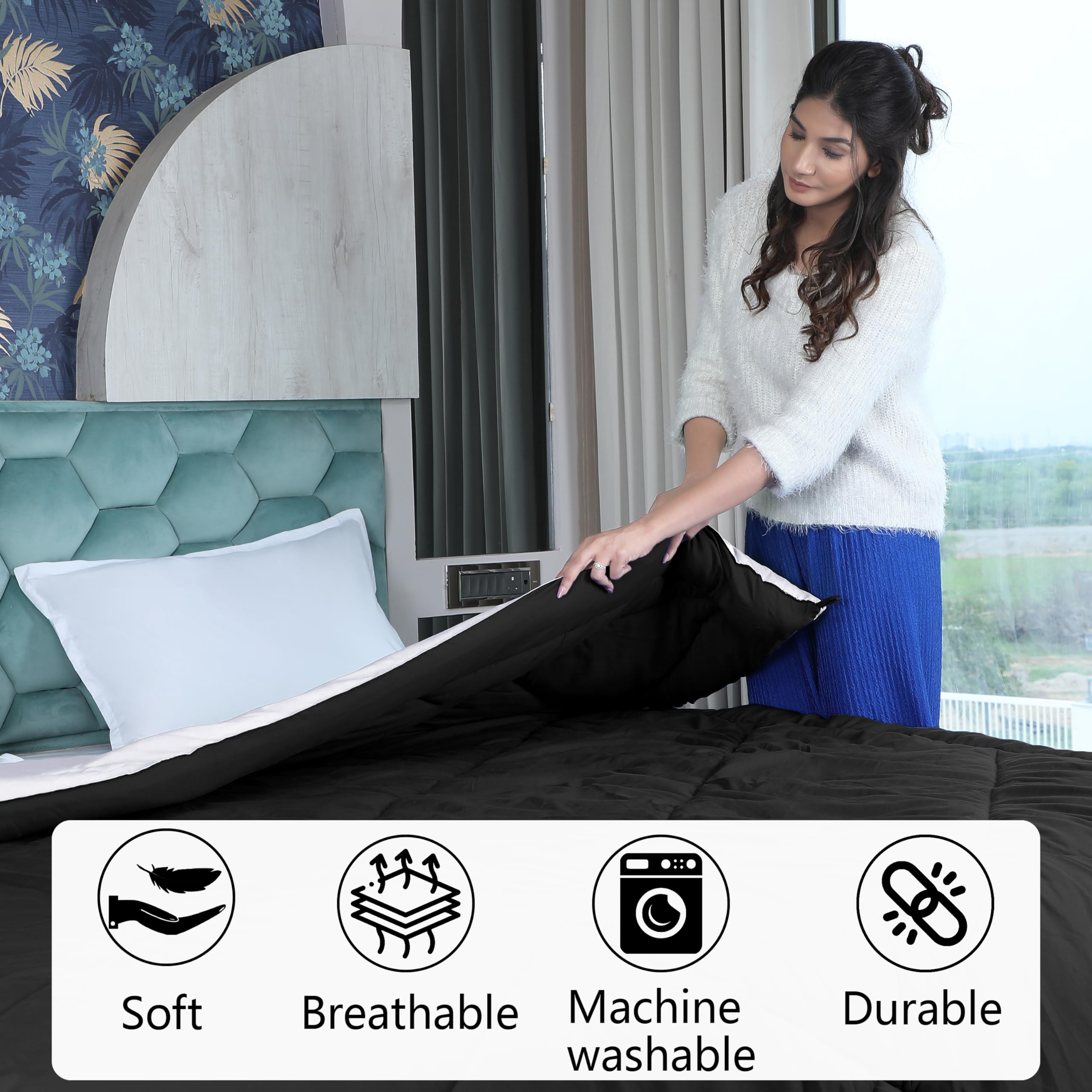 DAKSH Comforter Single Bed, All Season Comfort Microfibre 220 GSM Reversible Blanket, Ultra Soft & Fluffy Luxury Hotel Duvets, Comfort Lightweight Quilts, Rajai (Black & White, 60x90 Inch) 3