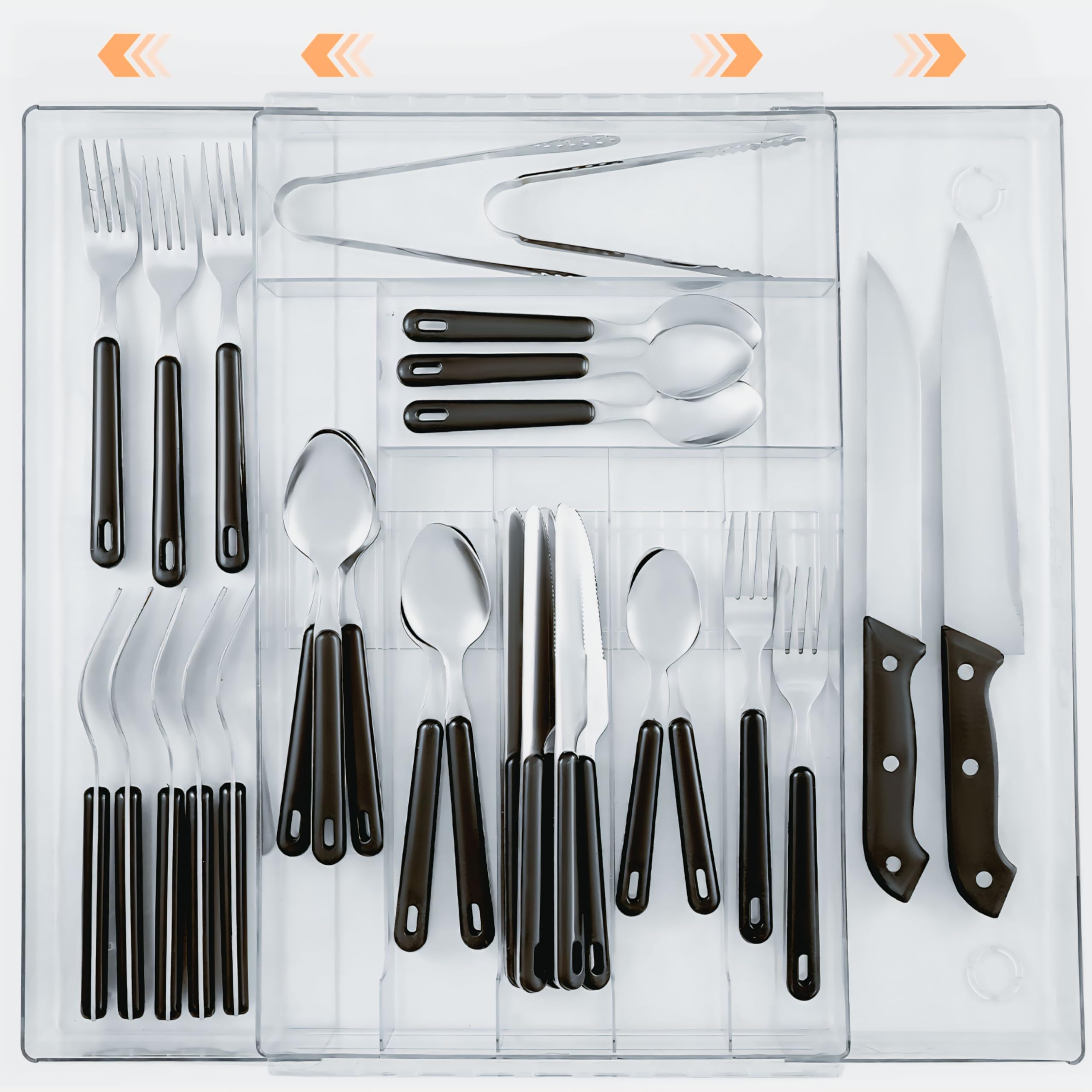 UPRICCutlery Drawer Organiser, Expandable Kitchen Drawer organiser, Adjustable 9 Compartments Silverware and Flatware Holder - Plastic Kitchen Organiser Storage for Spoons Forks Knives - Clear