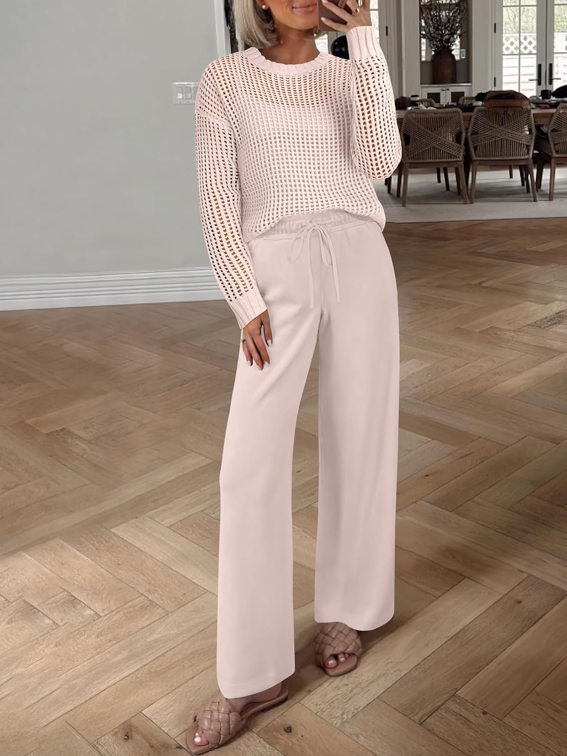 ANRABESS Womens 2 Piece Outfits Crochet Sheer Knit Sweater Top Wide Leg Pants Lounge Set Sweatsuit 2026 Spring Travel Clothes - Image 6