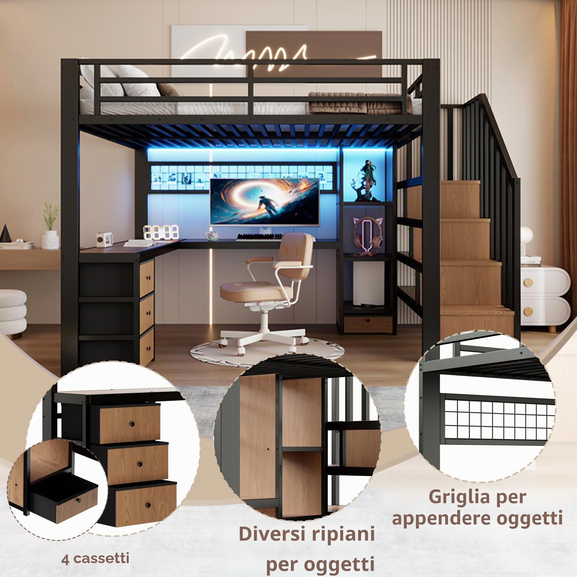 Soweiz Letto a soppalco con scrivania, telaio in ferro, 4 cassetti, griglia per appendere oggetti, con striscia luminosa a LED, scala di stoccaggio, senza materasso (nero, 140 x 200 cm)