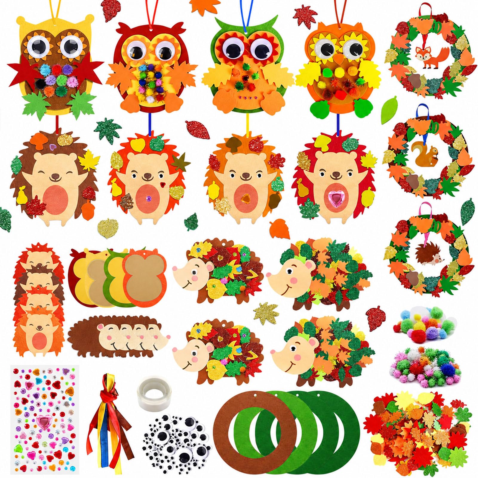 Autumn Craft Kits for Kids - 16pcs Owl Hedgehog Leaf Autumn Craft Set