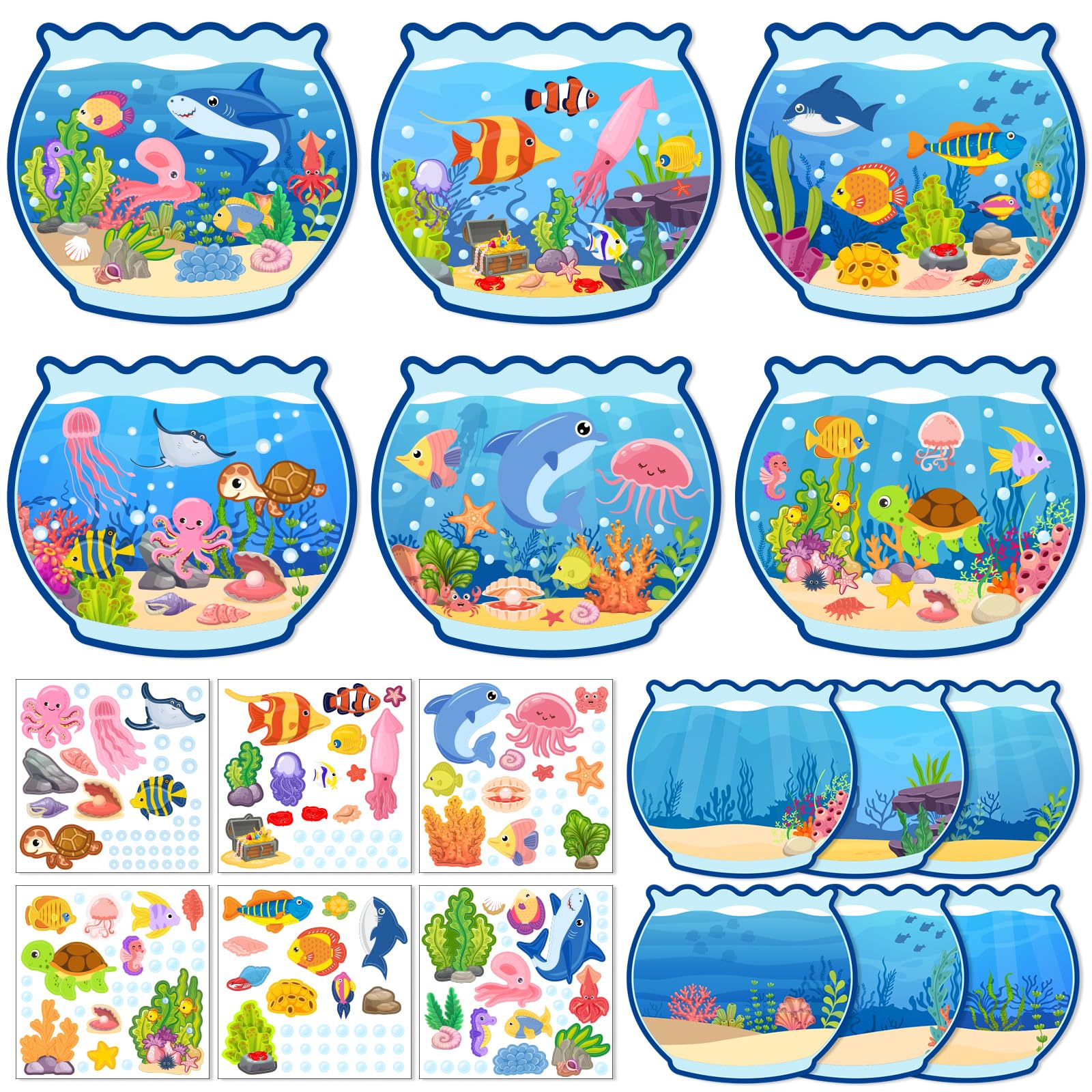 AMCEMIC 24Set Summer Craft Kits for Kids Make A Ocean Animals Worlds Stickers Scene, Summer Craft Under The Sea Scene Sticker Shark Tropical Fish Sea Animal Bulk Set for Home Classroom Game Activities