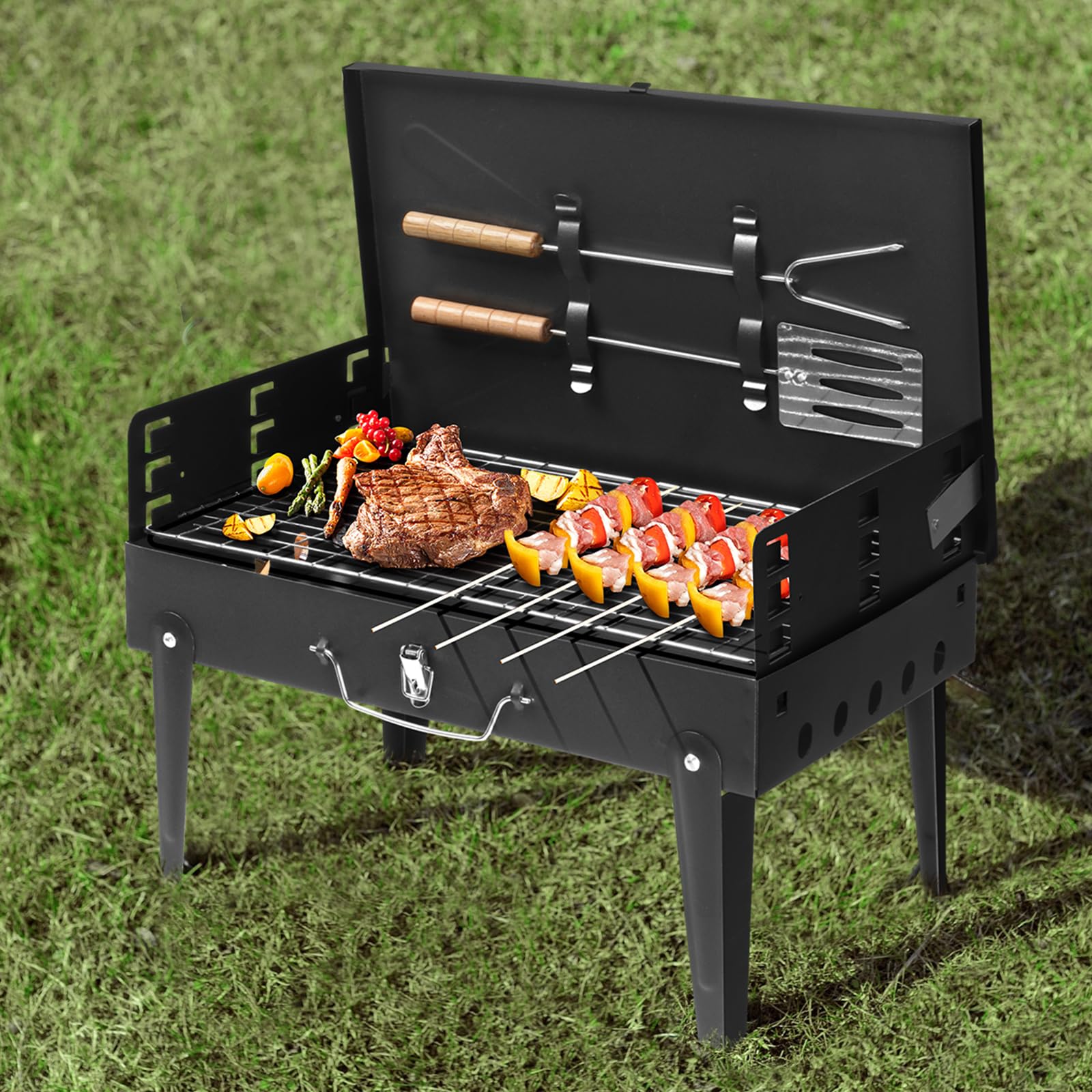 Portable Charcoal Grill, Foldable BBQ Grill Kit Easy to Carry, BBQ Cooking Instant Foldable for Outdoor Barbecues Camping Traveling Picnics Garden Beach Party