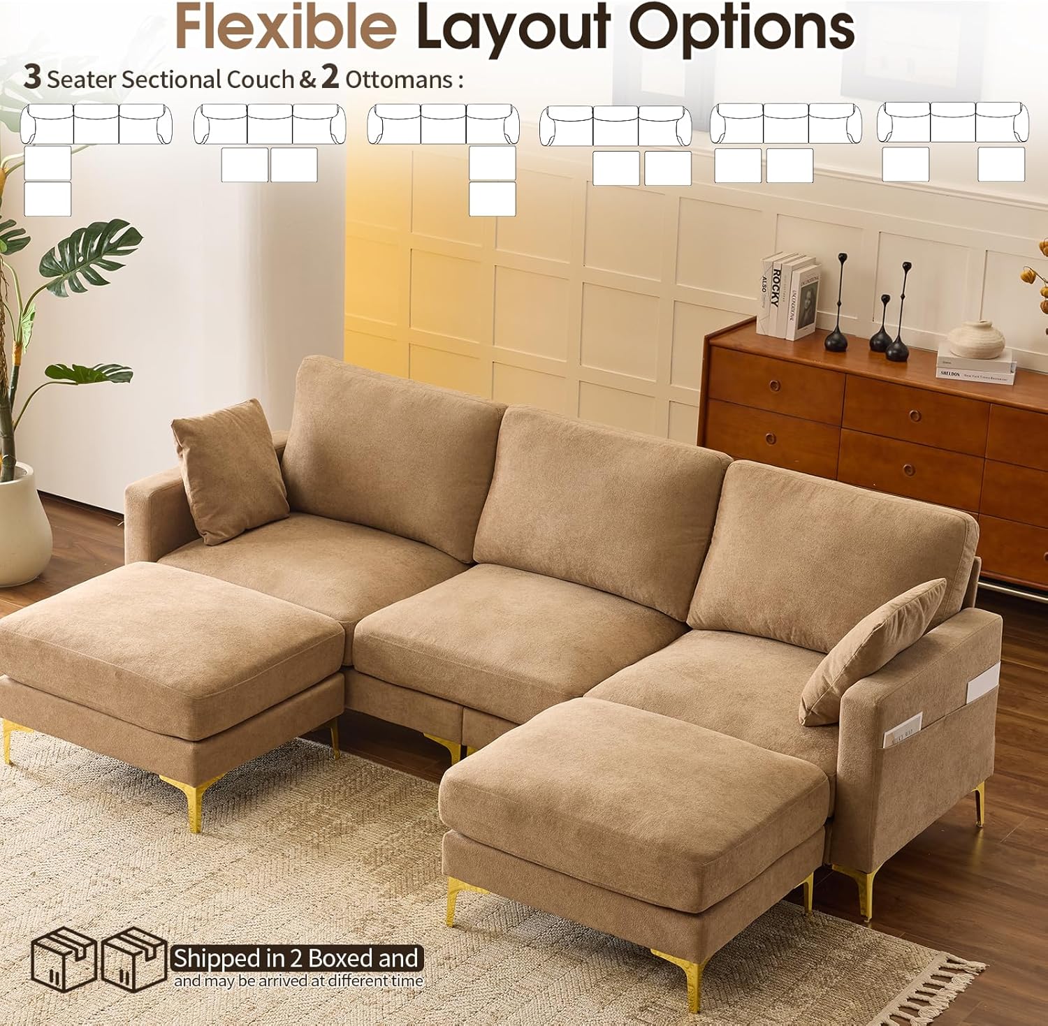 Diagram illustrating various flexible layout options for the VINGLI U-Shaped Sectional Couch with two ottomans.