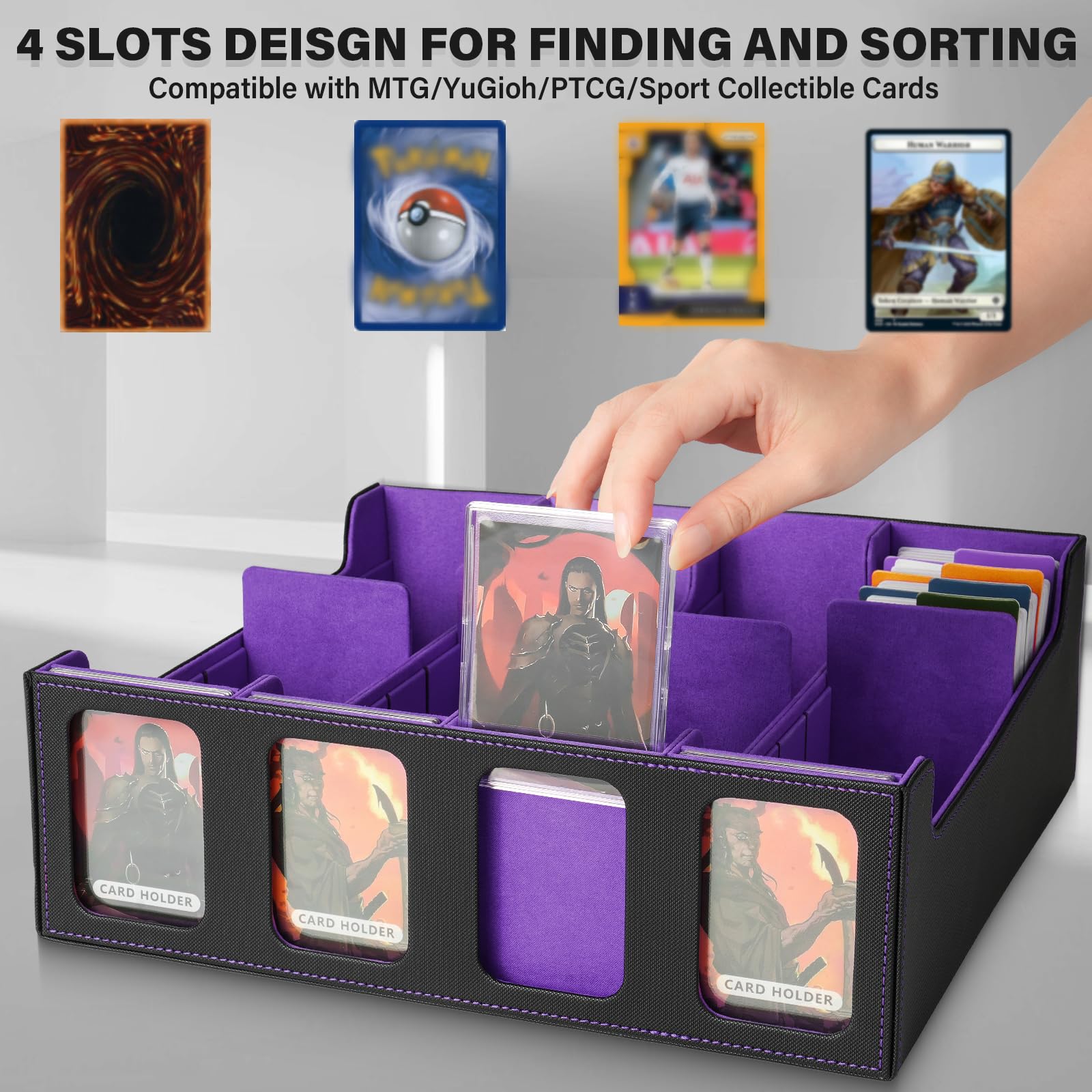 MTG Deck Box, contenitore per oltre 3000 carte con 24 divisori e 4 supporti per carte, scatola per carte Commander con finestre, adatta a Yu-Gi-Oh e TCG (nero e viola)