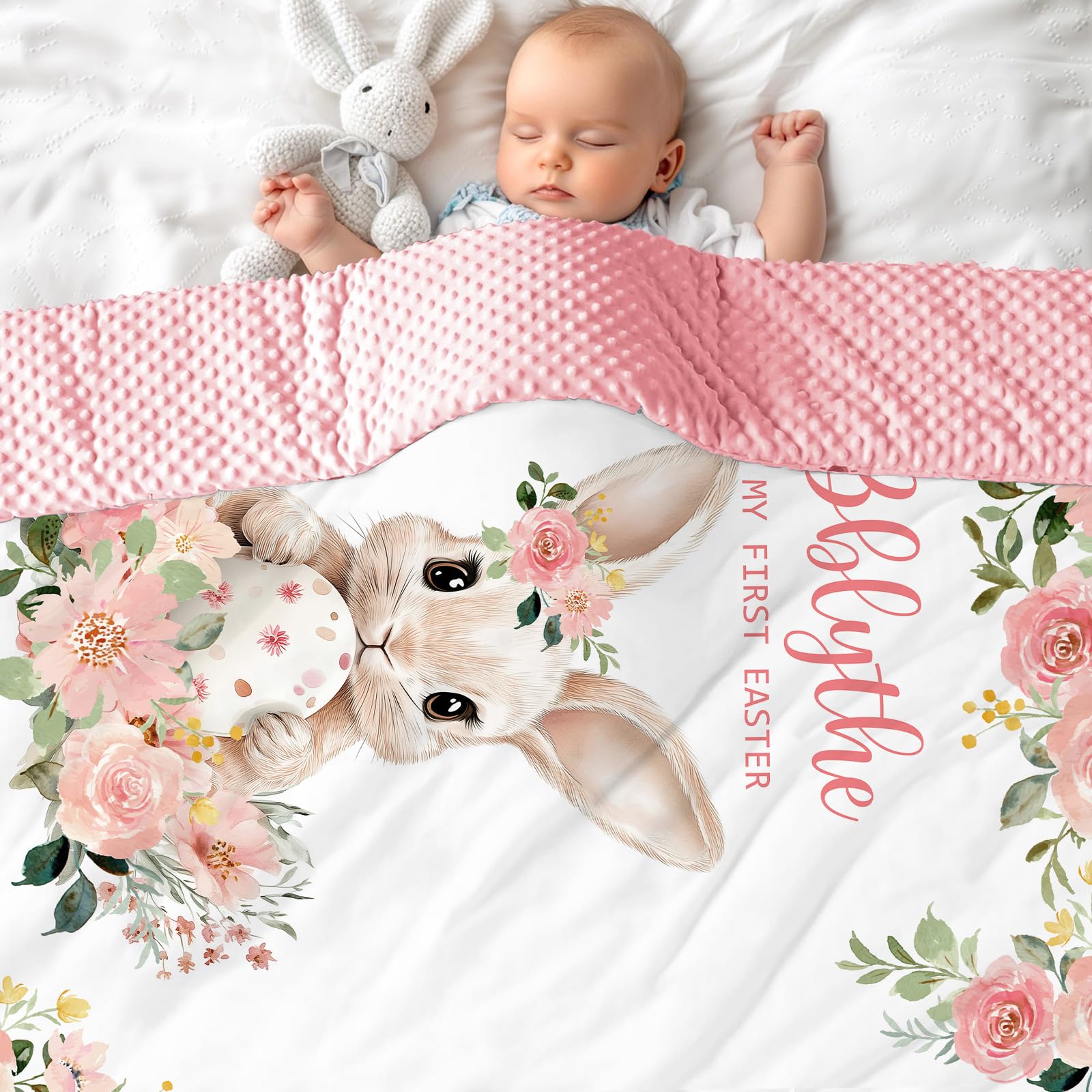 MJARTORIA Personalised Nane Blanket, Customised Baby Blanket with Name Text for Girl Adult Soft Bubble Style Rainbow Elephant Blanket 100cm/150cm/200cm (Pink Easter-5)