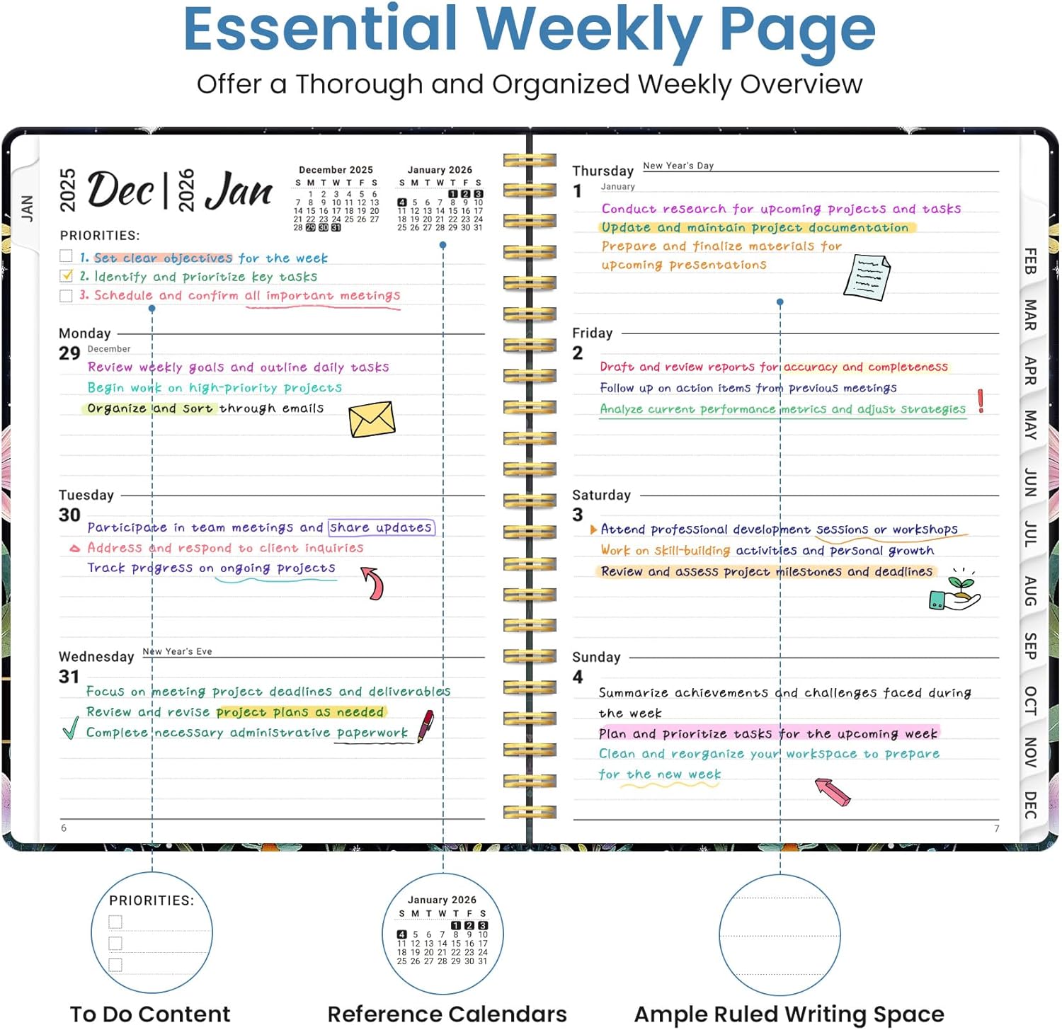 2026 Planner, Weekly and Monthly Planner for Women, January 2026 to December 2026, Pretty Hardcover 2026 Calendar Planner Book with Tabs, Inner Pocket, Spiral Bound, Perfect Office Home School Supplies - 6.3" x 8.5", Celestial