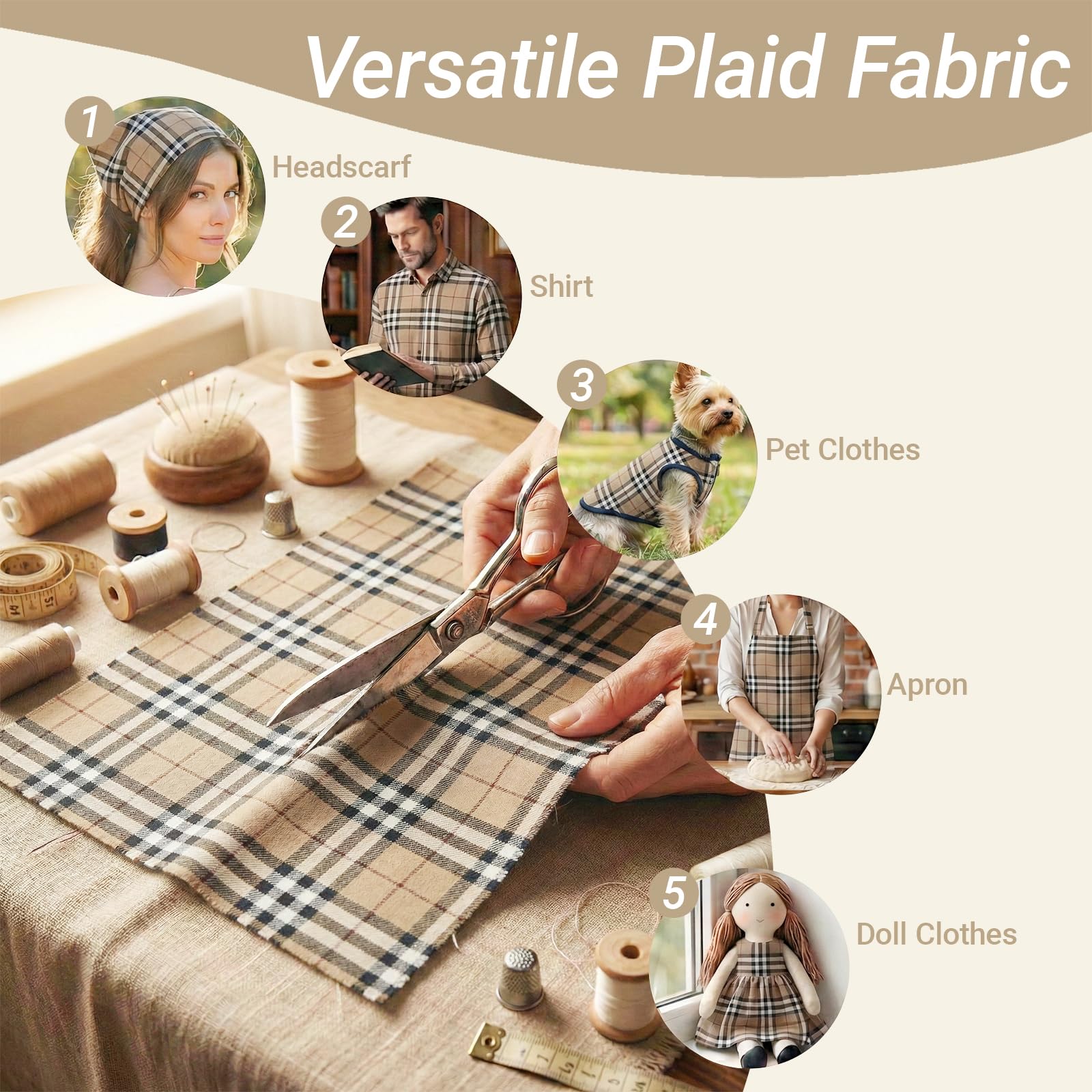 Q&J Fabric Co. 1 Yard x 57Inch Plaid Fabric,Gingham Fabric by The Yard, 4.42 oz/yd²,Checkered Cloth Tartan Poly-Cotton Material for Crafts,Quilting, Apparel,Tablecloths,DIY Decor (Beige) - 5