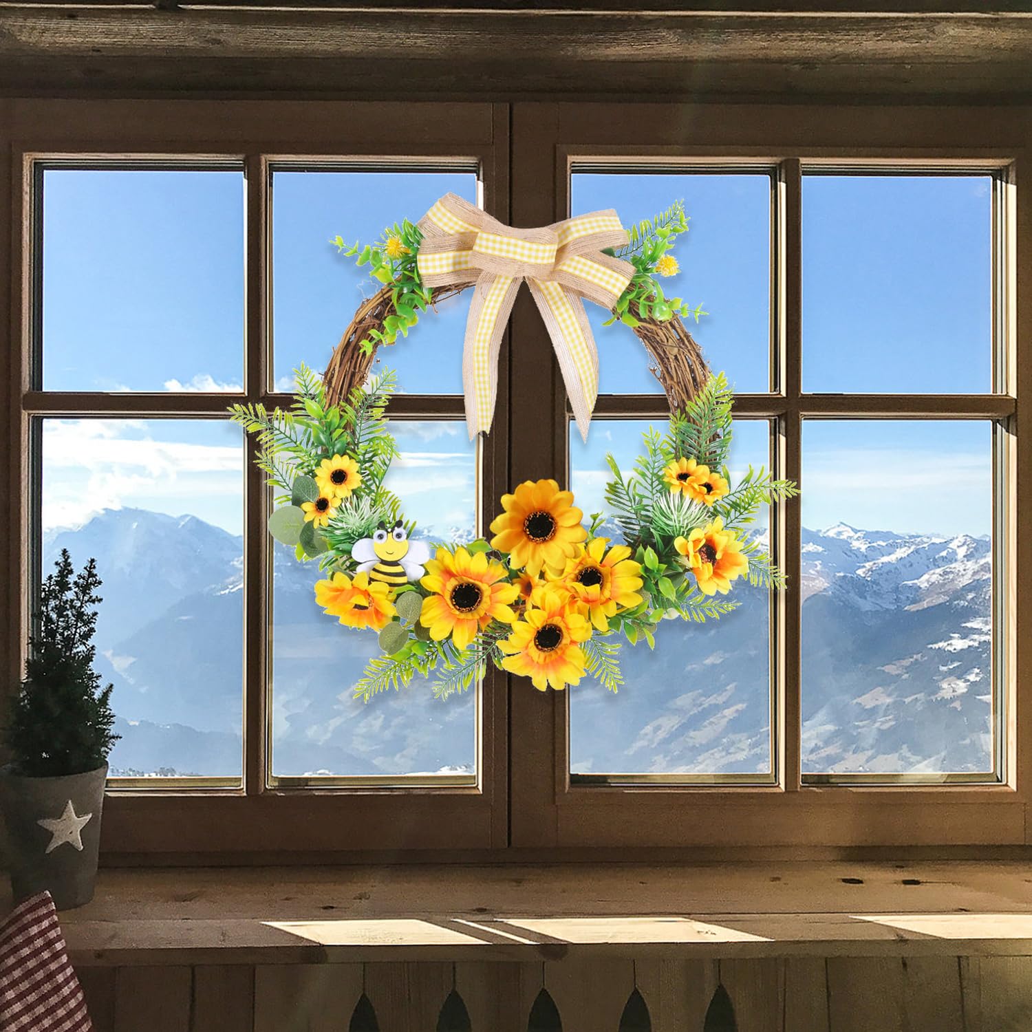 Fall Decor Wreath14 Inch Sunflower Wreath,Autumn Wreaths for Front Door, Handmade Silk Flower Wreath with Butterfly & Buffalo Plaid Bow for Halloween Decorations Wall Window Home Decor