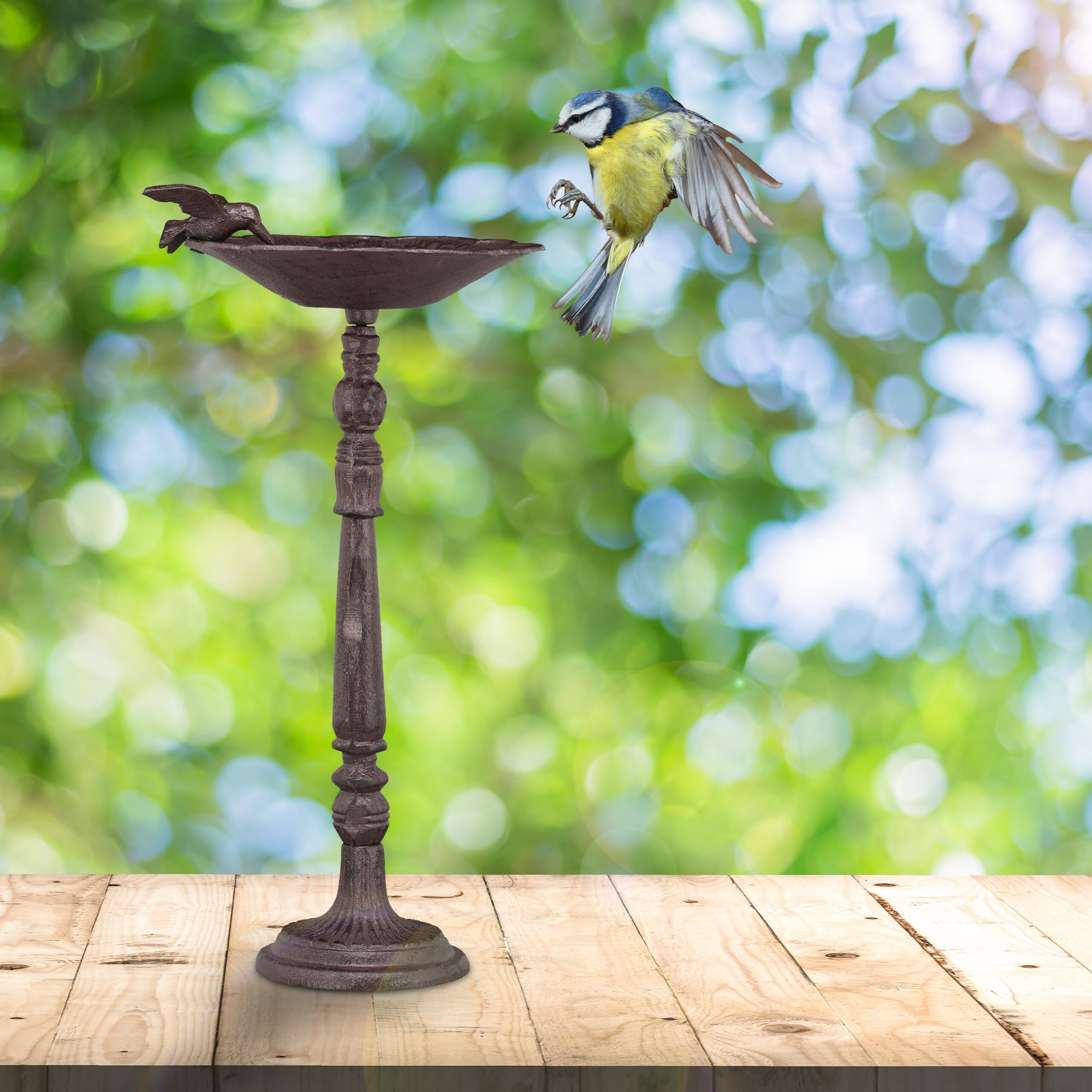 Relaxdays Abreuvoir en Fonte sur Colonne, Décoration pour Jardin,mangeoire avec Soucoupe pour Oiseaux Sauvages 40 cm, Haut Brun, Marron