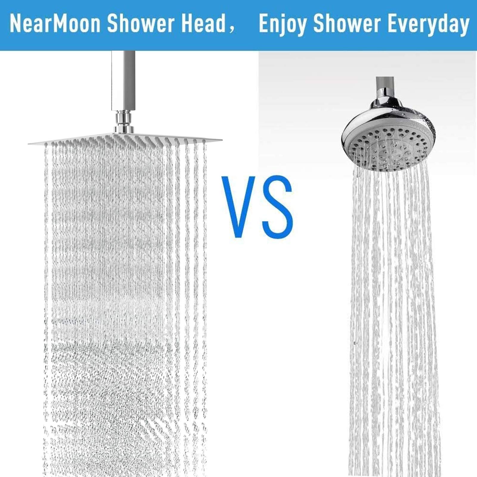 NearMoon Cabezal de ducha de lluvia con brazo de ducha, ducha cuadrada de montaje en techo, cabezal de ducha de lluvia de techo de acero inoxidable, cobertura completa de cascada (12 pulgadas,