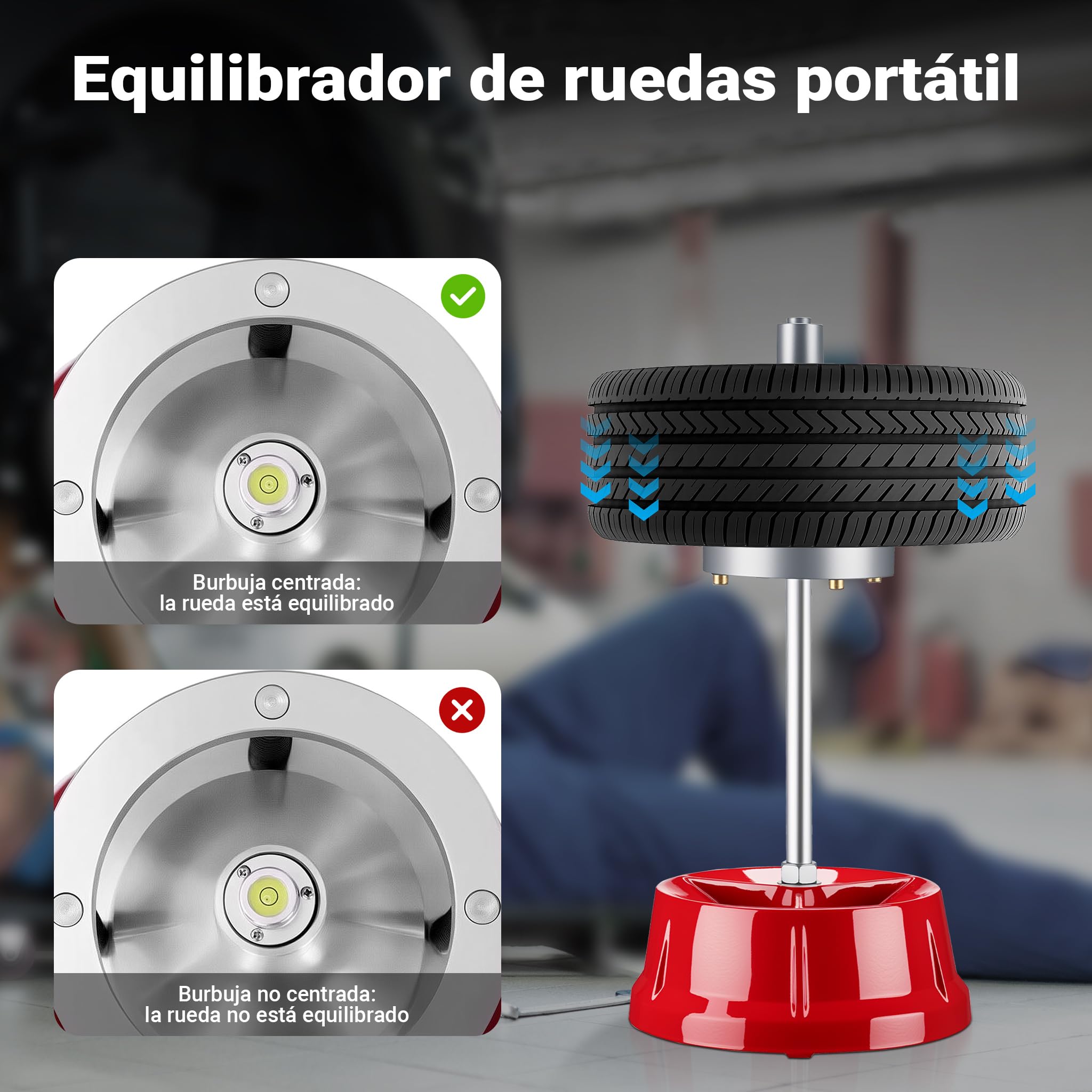 WilTec Equilibradora móvil de neumáticos 29 x 29 x 57,5 cm, equilibradora Resistente al óxido, equilibradora de Ruedas para Cubos de Rueda de 1 1/2" neumáticos de Coche y Moto