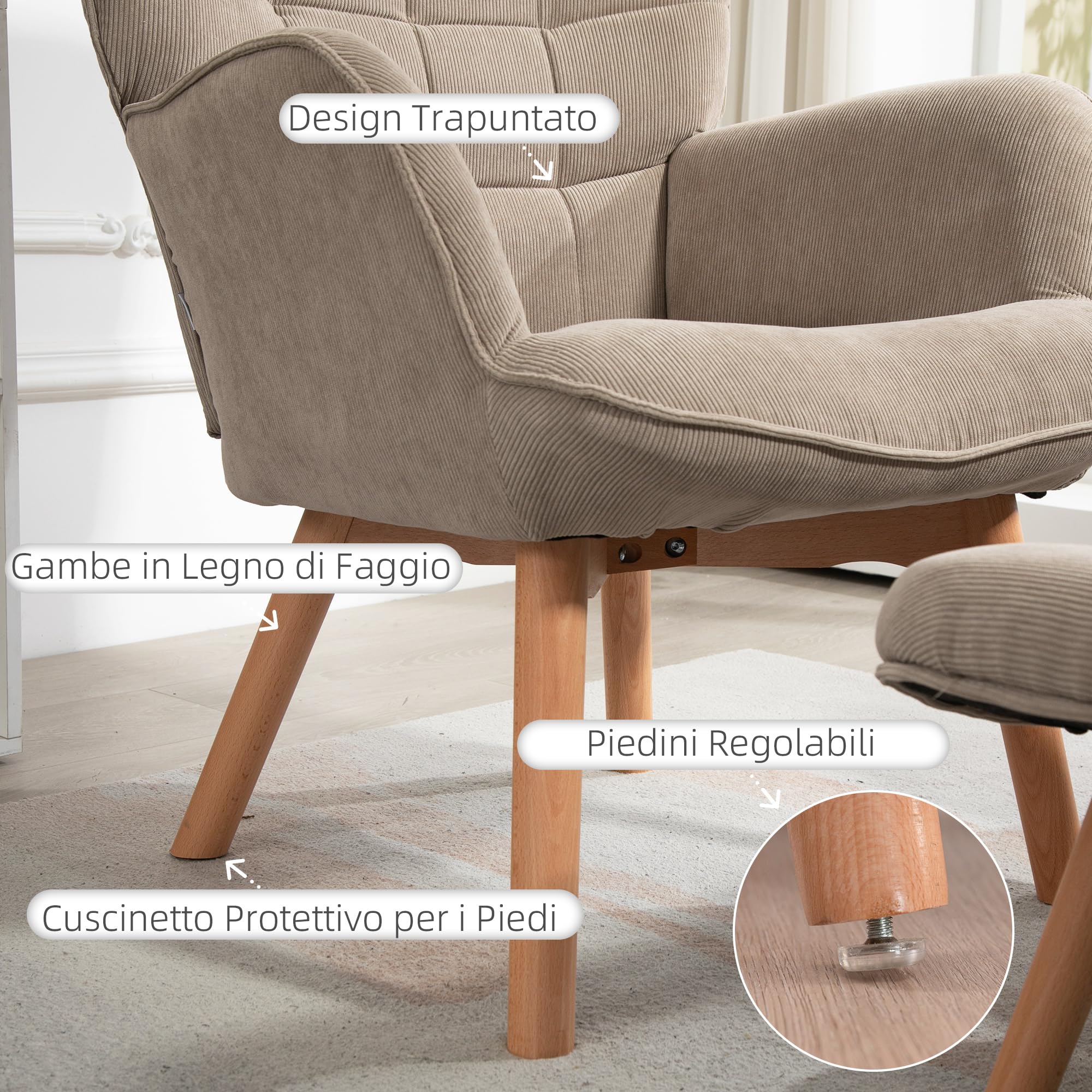 HOMCOM Poltrona con Poggiapiedi Coordinato Stile Contemporaneo, Poltroncina da Salotto in Tessuto Effetto Velluto con Gambe in Legno di Faggio per Salotto e Soggiorno, 72x80x101 cm, Marrone Chiaro