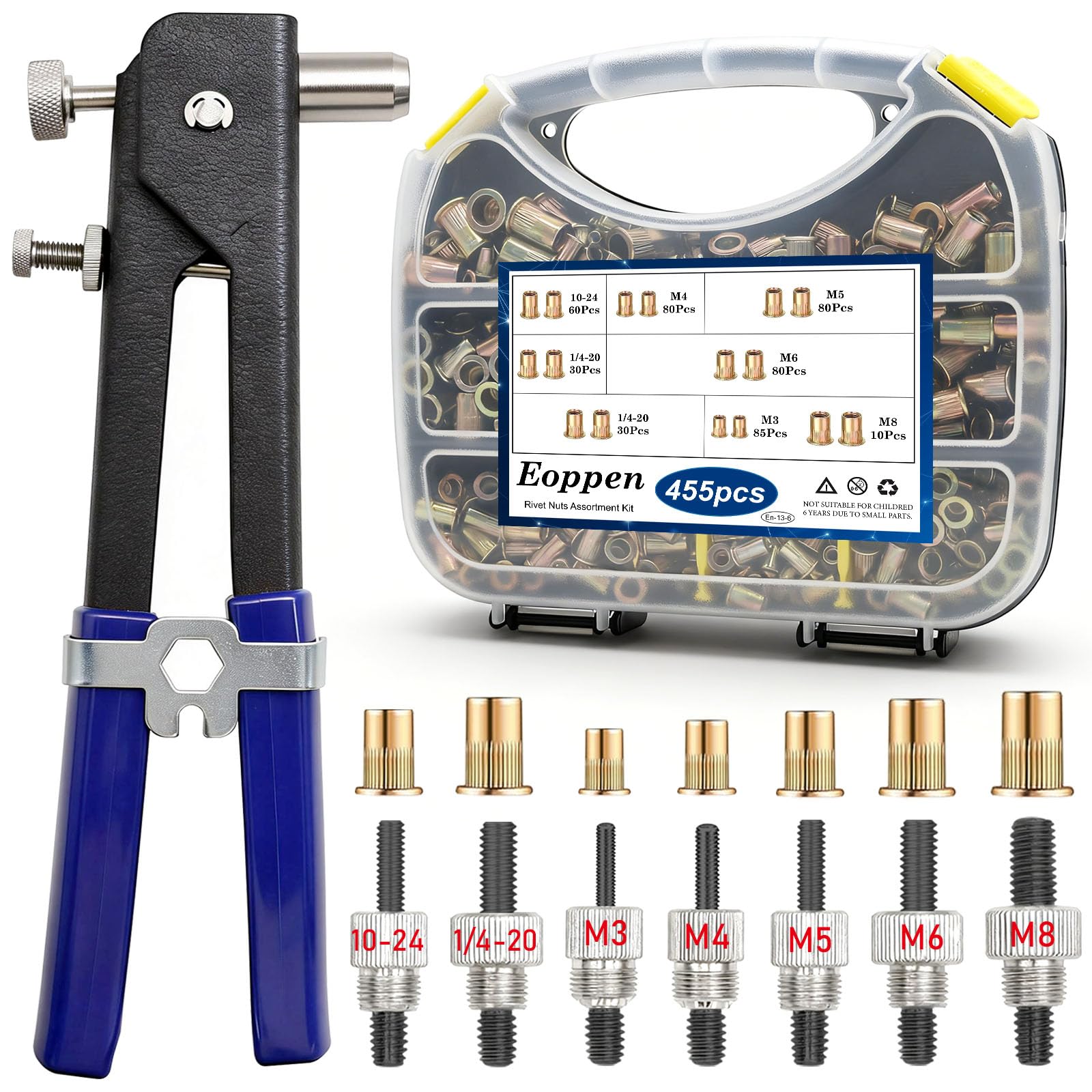 Eoppen 455Pcs Rivet Nut Tool Kit, Rivnut Tool Kit with 7 SAE and Metric Mandrels (10-24, 1/4-20, M3, M4, M5, M6, M8) and Rivet nut Assortment Kit with Rugged Carrying Case (Carbon Steel)