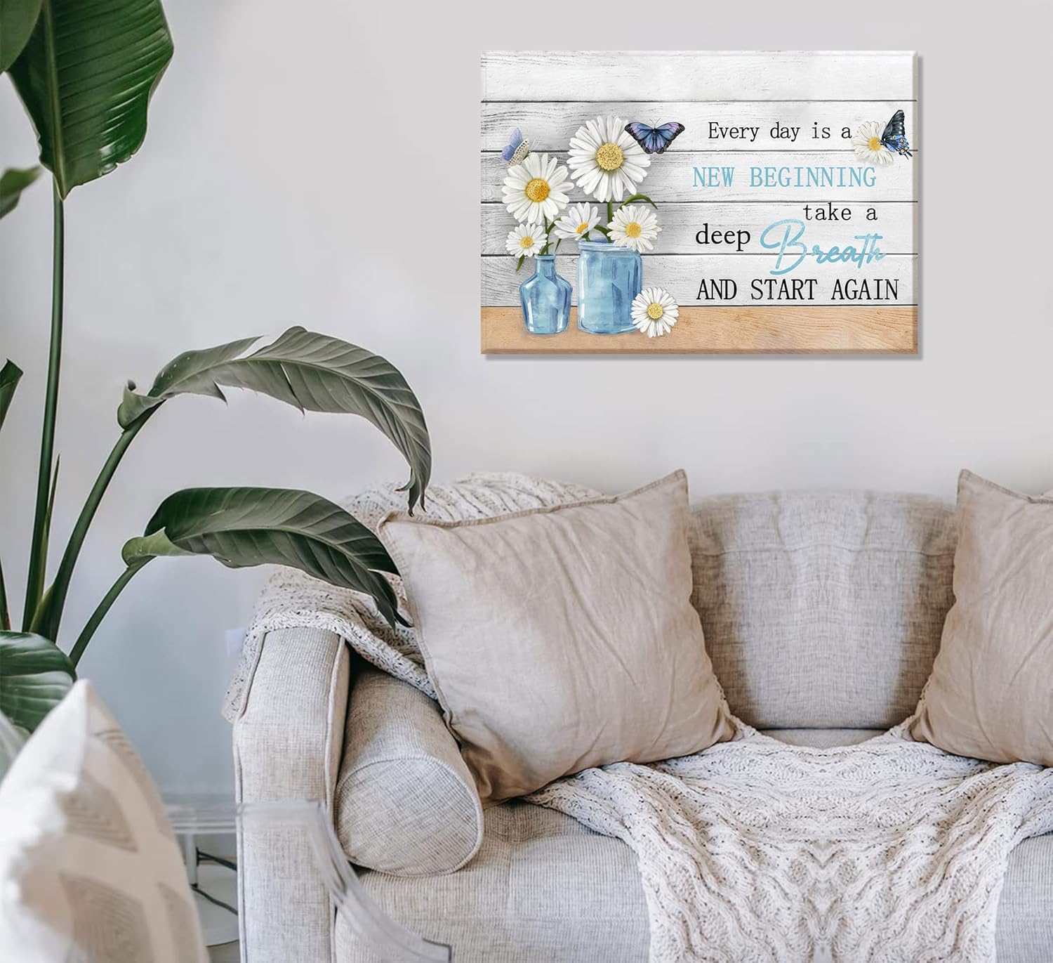 Inspirational Wall Art white Floral Canvas Poster Colorful Daisy and Butterfly Print Wildflower Motivational Wall Decor for Bathroom Office Kitchen Living Room Bedroom Framed