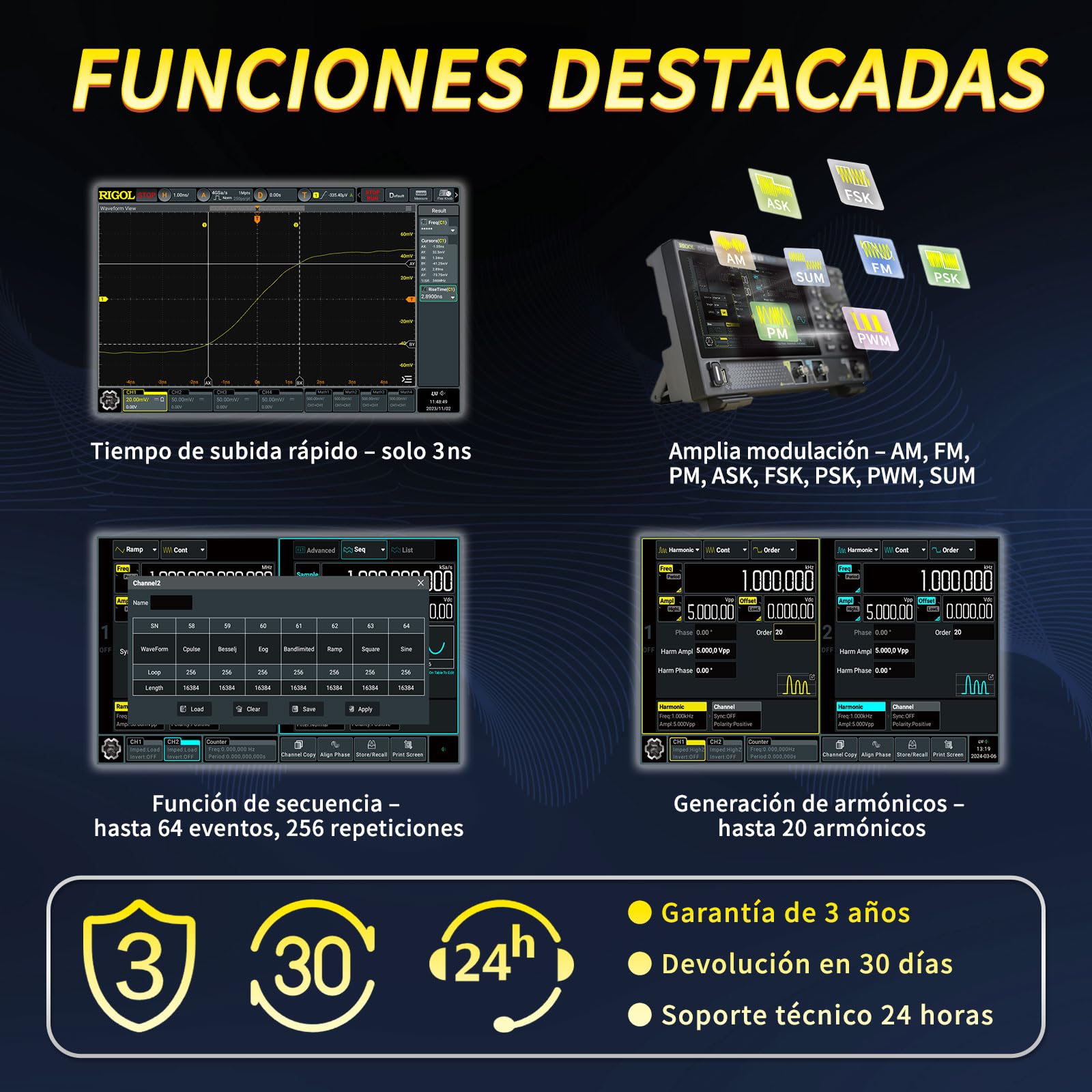 RIGOL Generador de Funciones, DG902 Pro Generador de Señales,70 MHz,2 Canales,Resolución de 16 bits,Pantalla táctil HD de 7 pulgadas,Compatible con alimentación mediante power bank