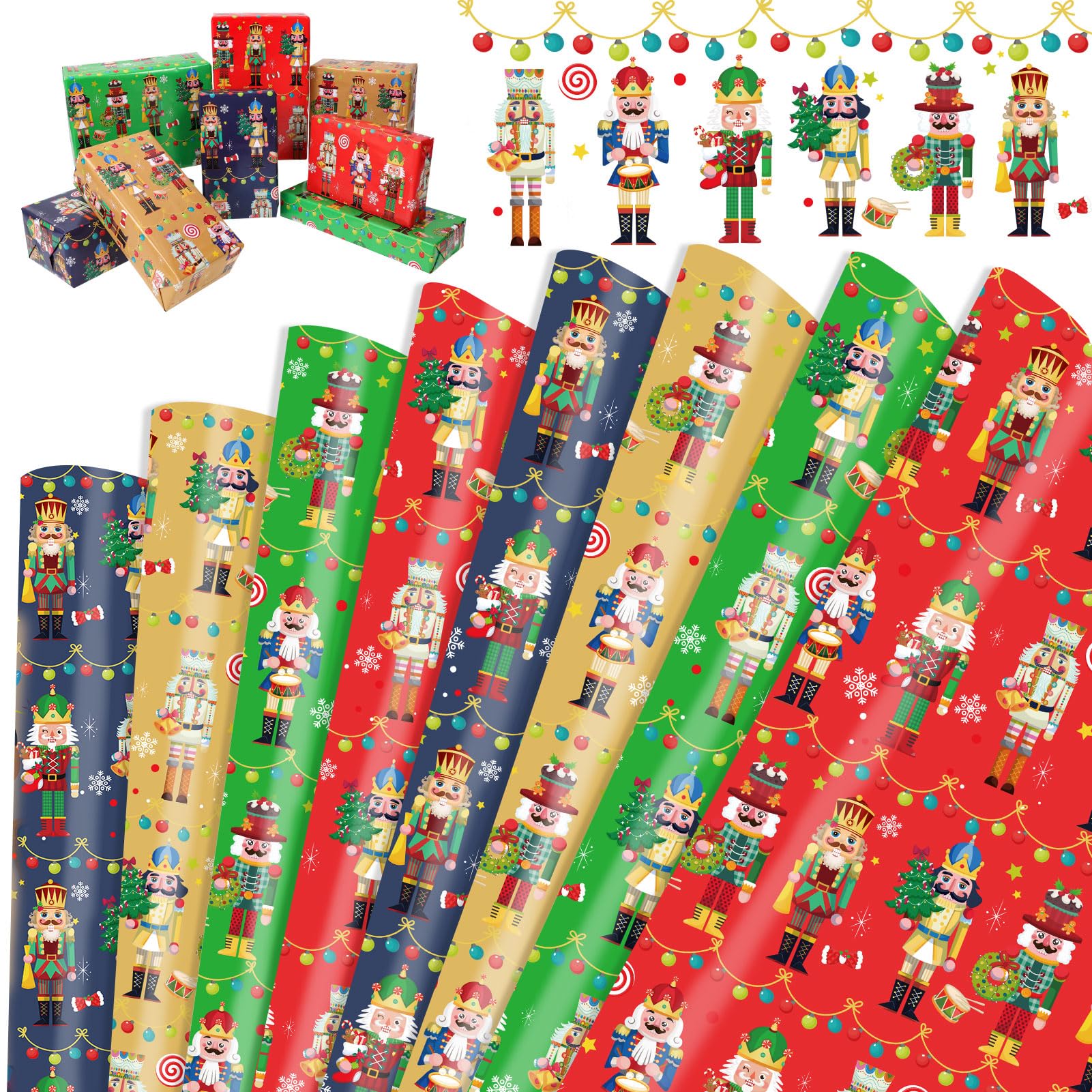 Papel De Regalo Navideño Con Motivos De Cascanueces - 12 Hojas De 50x68 Cm, Colores Vivos