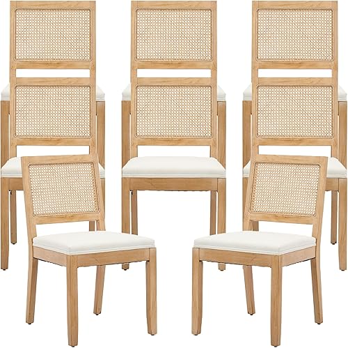 Miniatura 9 de French Country - Juego de 4 sillas de comedor de ratán beige, sillas de comedor de madera con respaldo de caña y asiento tapizado de lino, marco de