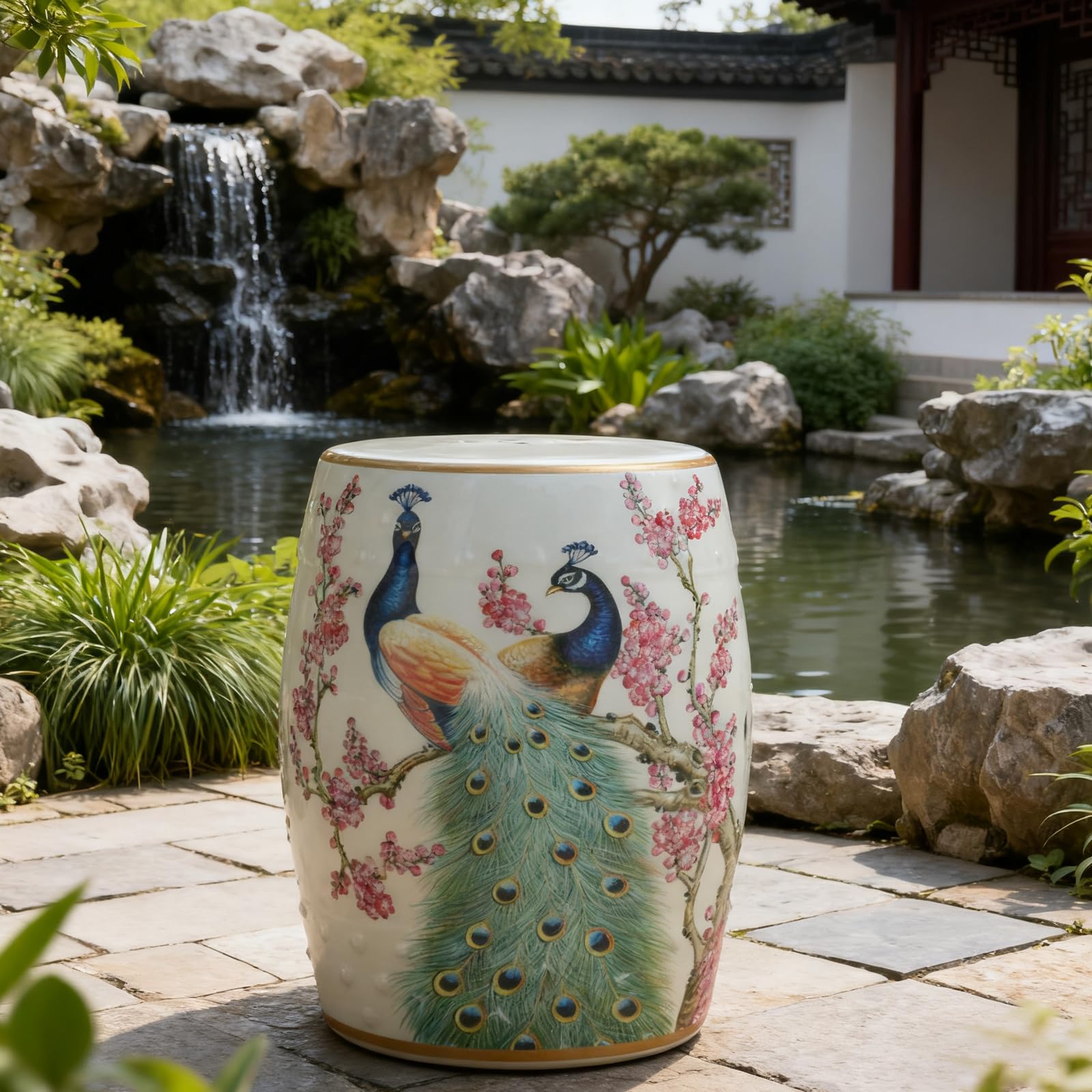 Chinesischer Keramik-Trommelhocker Dekorativer Keramik-Gartenhocker Dekorativer Beistelltisch 28 X 28 X 46 cm Für Wohnzimmer Schlafzimmer Balkon(B3)
