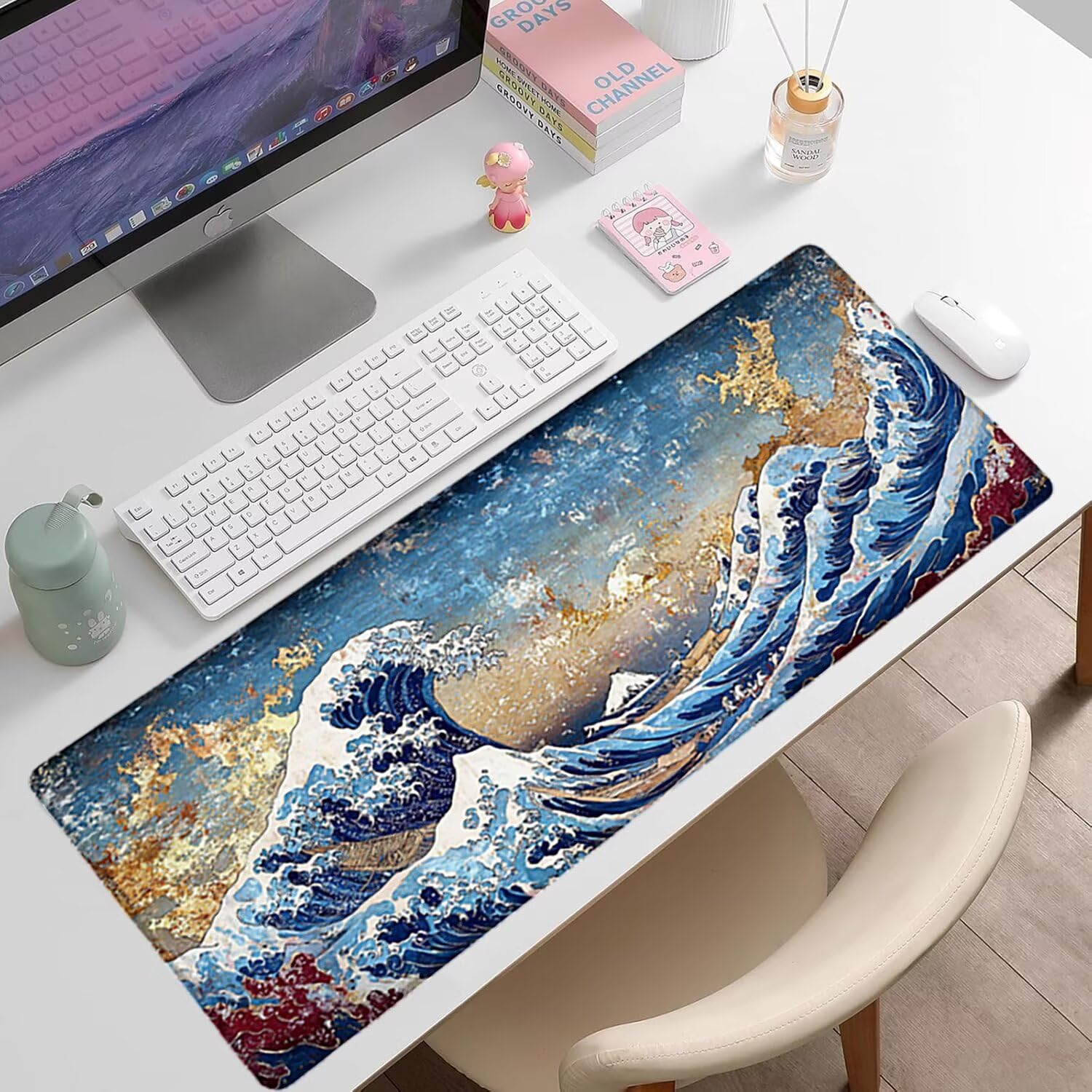 Gamingowa podkładka pod mysz XXL, 1600 x 800 x 3 mm, oceaniczna, antypoślizgowa, XXL, retro, duża, podkładka na biurko, nadaje się do prania, antypoślizgowa gumowa podstawa, szwy na krawędziach, do
