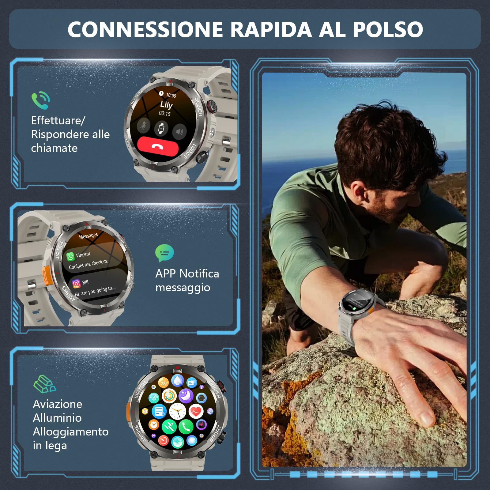 Smartwatch Uomo, Orologio Smartwatch Uomo con Torcia/Bussola, 1.45" Orologio Intelligente con Effettua/Risposta, 120+Modalità Sportive, 2 Cinturini, Smart Watch per Android iOS