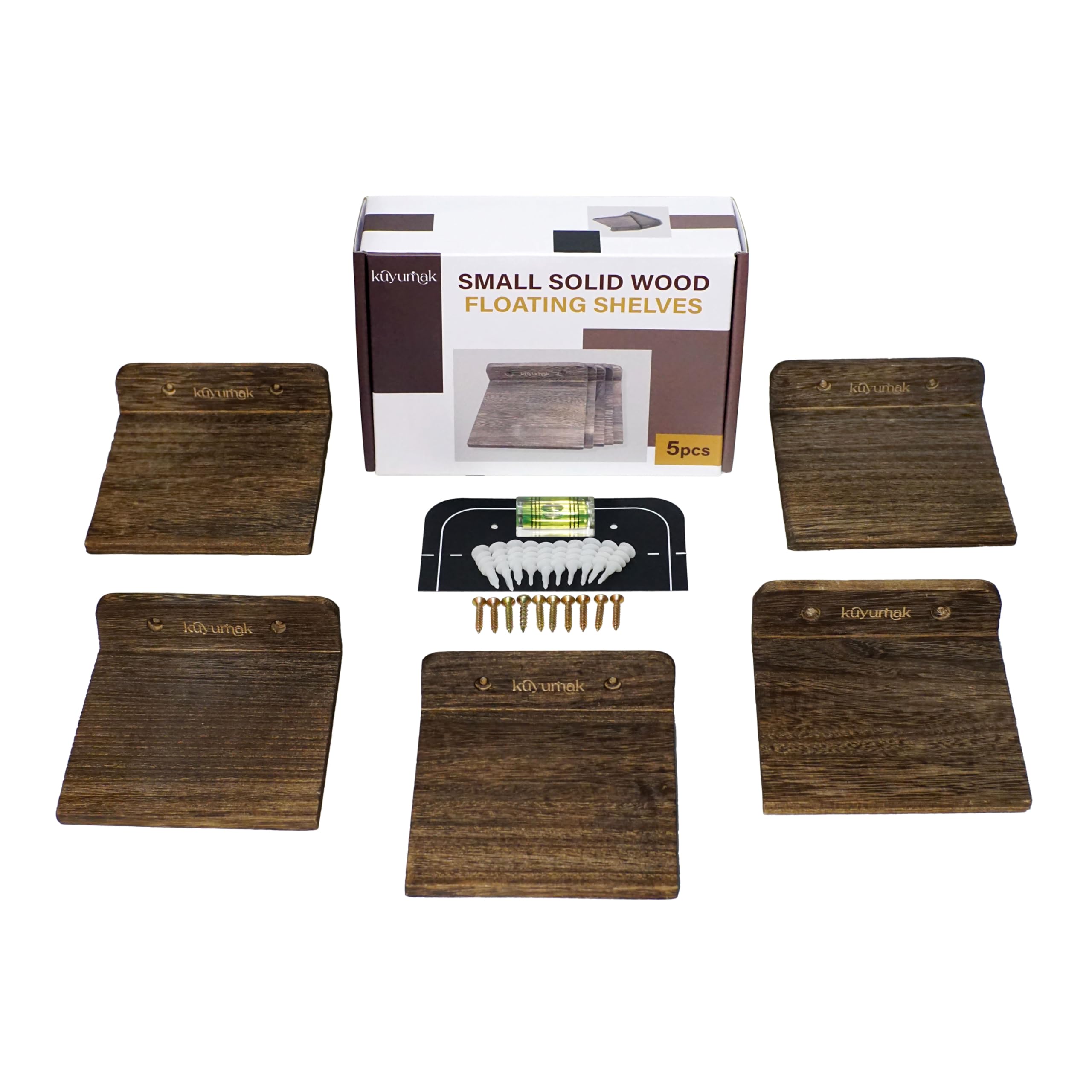 kuyumak Small Floating Shelf Set of 5 Rustic Wood Wall-Mounted Shelves. 5-inch Brown Shelves Perfect for displaying Pictures, Photo Frames, Plants, and Toys in Your Bedroom, Living Room, or Kitchen