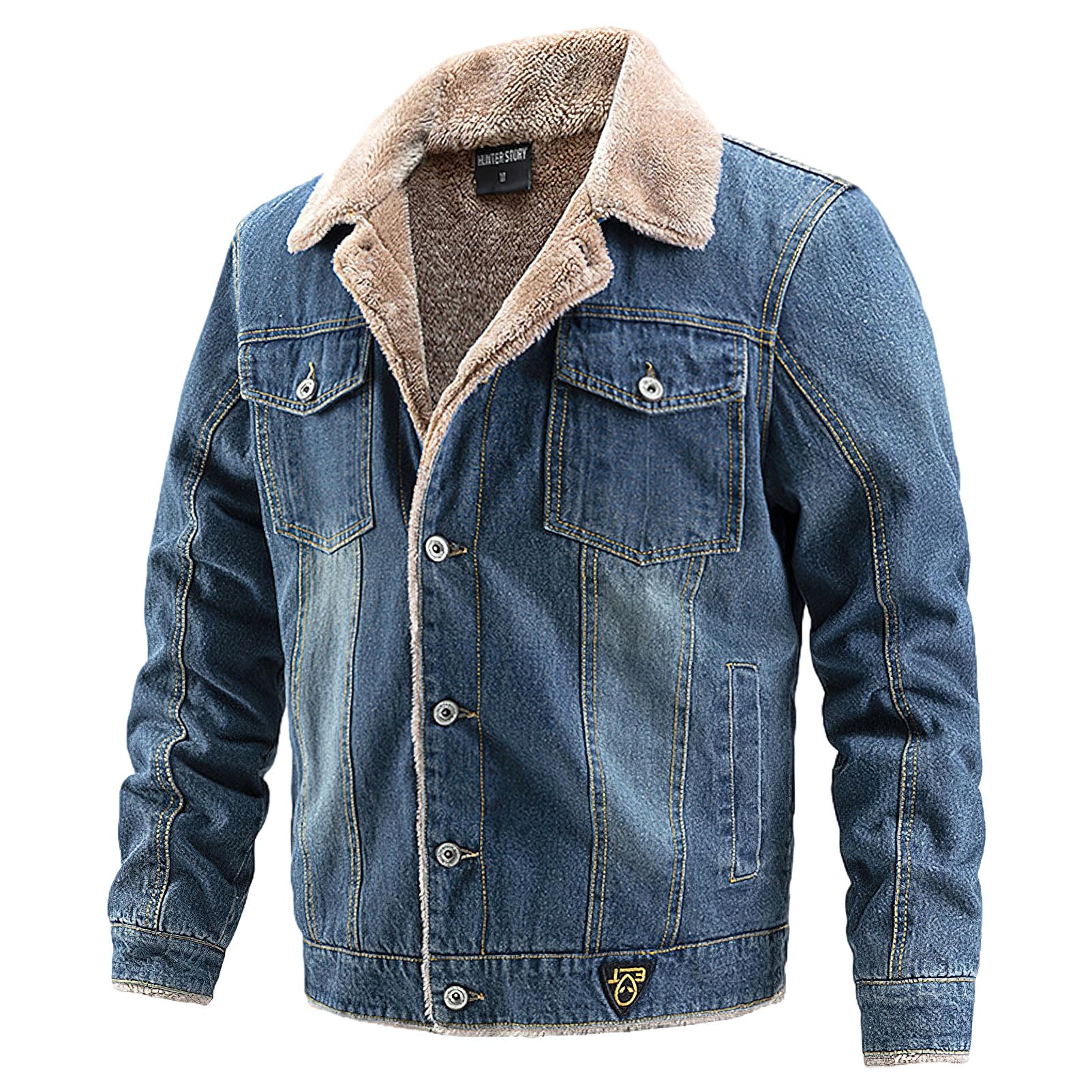 Uomo Inverno Giacca Jeans Foderata in Pile Imbottite con Collo Giacca Denim in Felpa Calda con Tasche