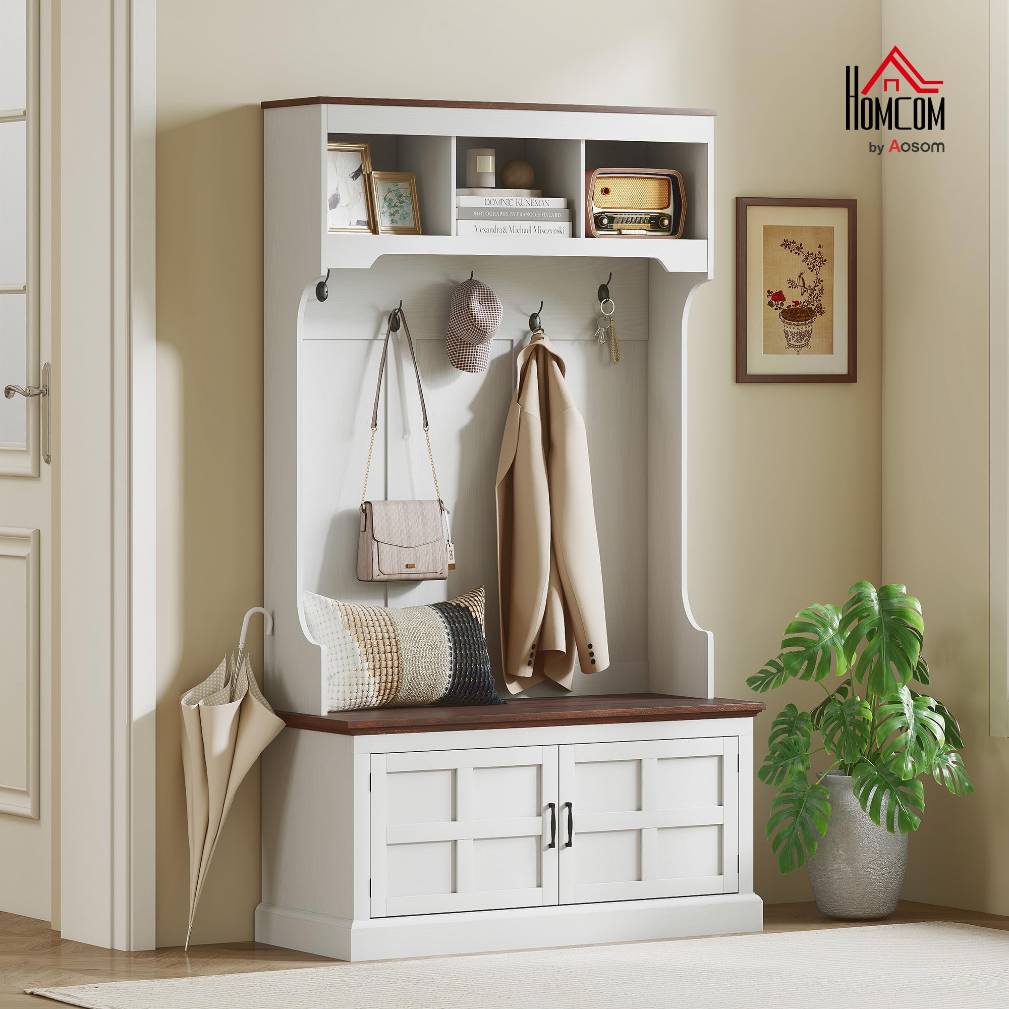 HOMCOM Perchero Zapatero Banco Zapatero 2 Puertas 105x40x180 cm Blanco | Perchero para Entrada Recibidor, 5 Ganchos, 3 Estantes Superiores, Estilo Rústico, para Salón Dormitorio Pasillo