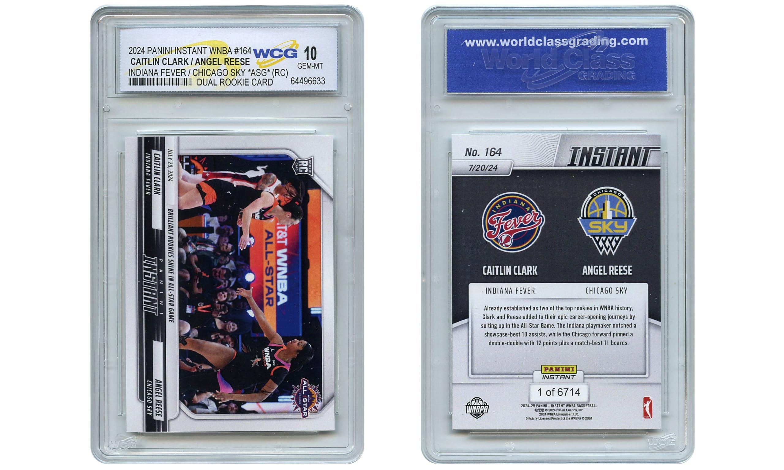 2024 WNBA Panini Caitlin Clark & Angel Reese Dual Rookie Card Indiana Fever Chicago Sky #164 - Certified Gem Mint 10