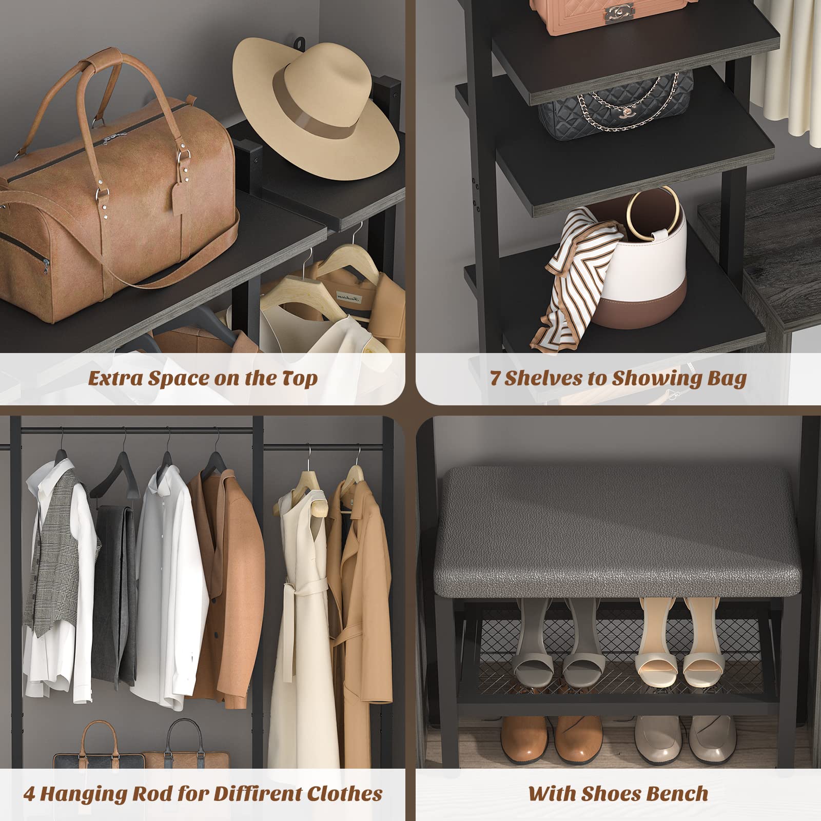 Aheaplus 8FT Closet Organizer System, Walk-in Closet Organizer with 6 Wooden Drawers, Clothing Rack for Hanging Clothes, Closet Wardrobe Garment Rack with 4 Hanging Rods and Storage Shelves, Black Oak