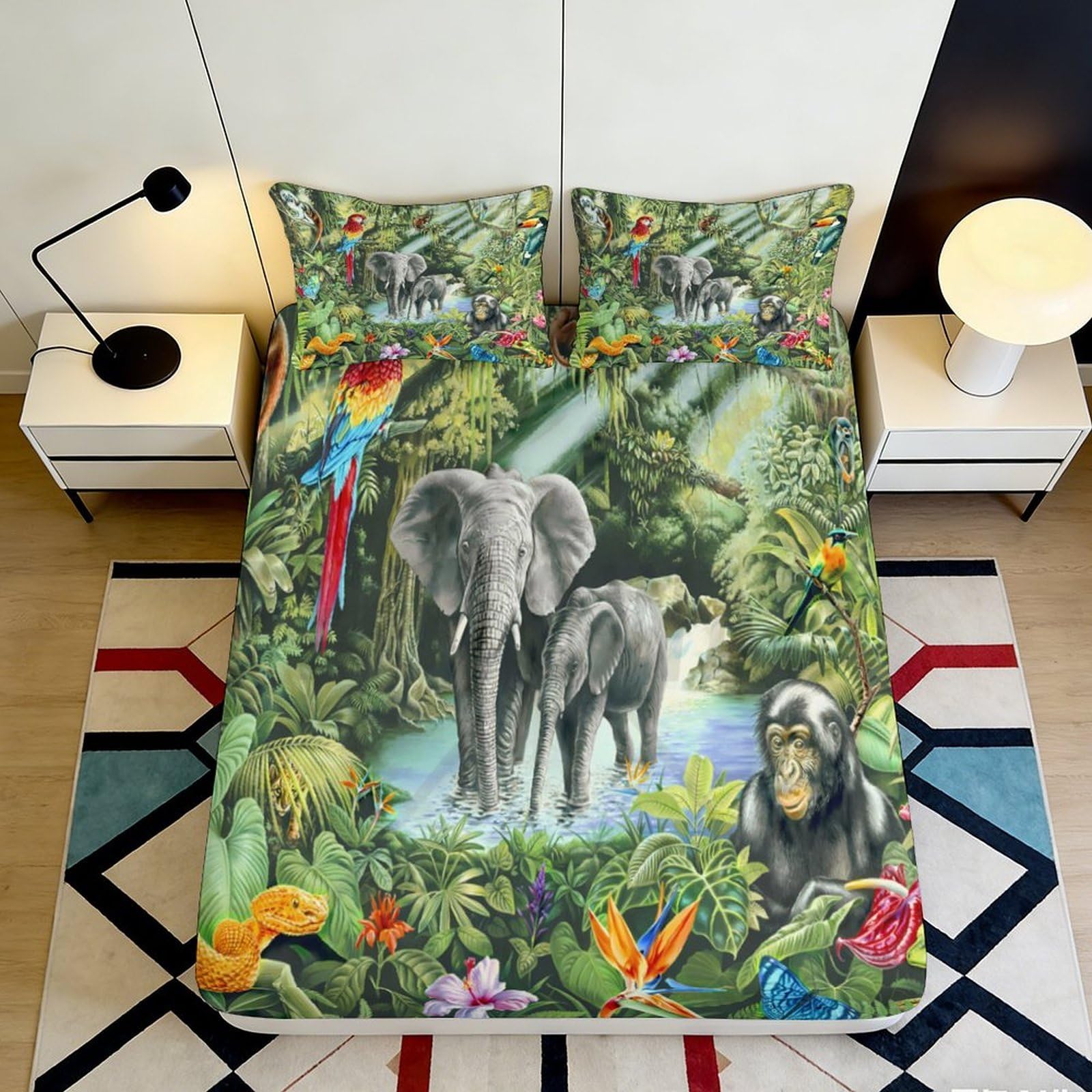 3D Printed Jungle Elephant Fitted Sheet Microfiber Soft Parrot Rainforest Mattress Cover for Bedroom Dorm Decor 200x200x25cm
