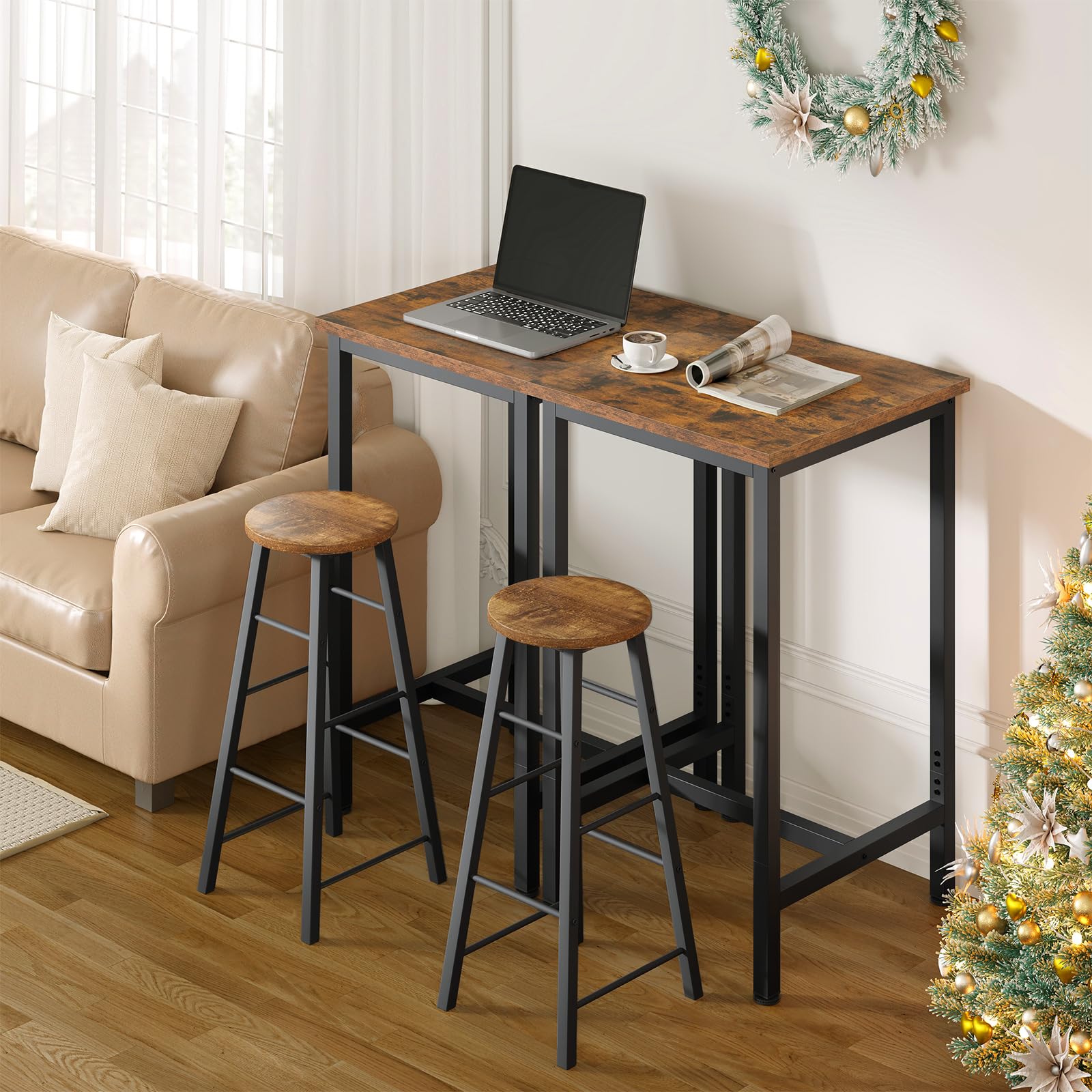 WOLTU Set Mobili da Bar Tavolo con 2 Sgabelli Alti Arredo per Cucina in Acciaio Legno, Tavolo Cucina 60 x 60 x 100 cm, Marrone rustico + Nero