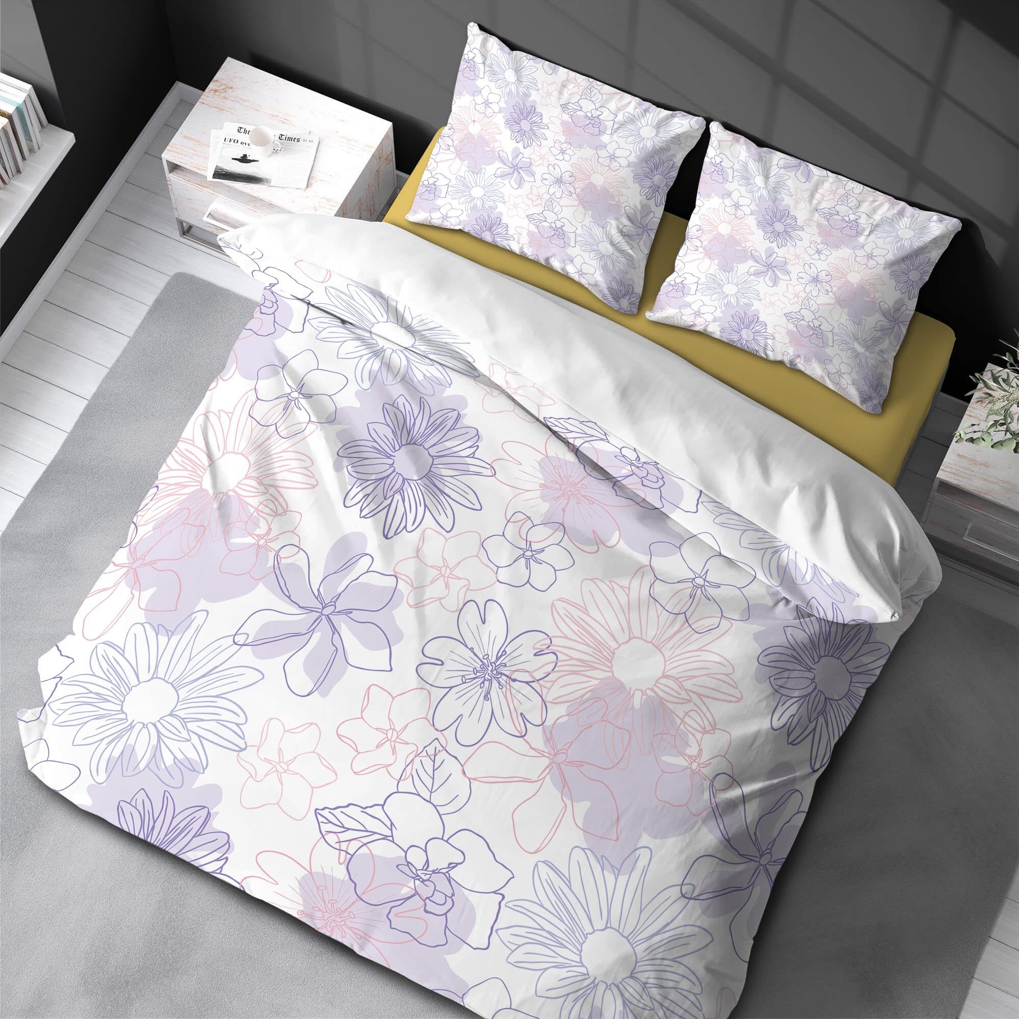 Housse de couette motif floral violet clair en microfibre 228x234cm avec 2 taies d'oreiller