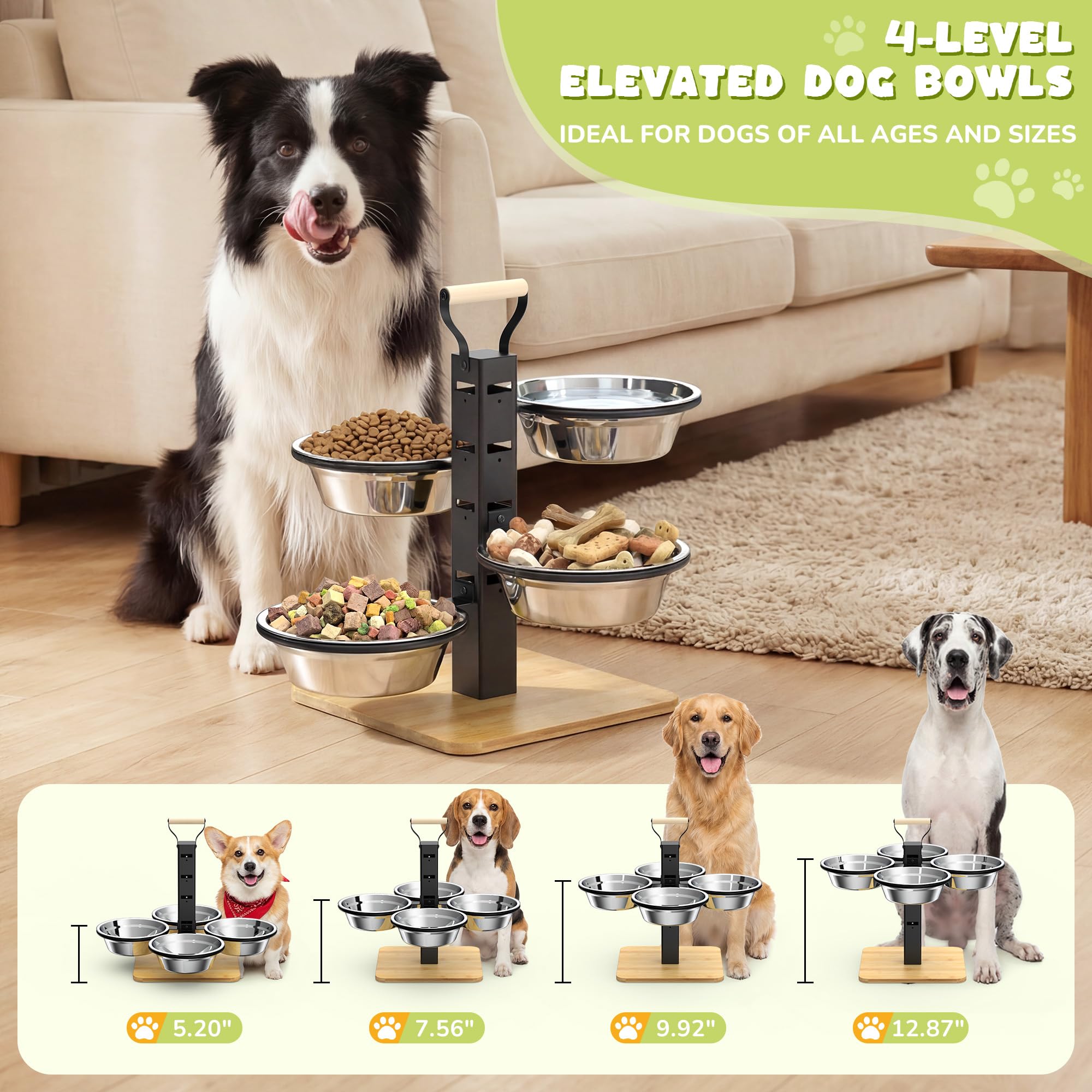 Support de gamelles surélevées pour chien – 4 hauteurs – Gamelle surélevée pour chien de grande taille – Station d'alimentation pour chien – Ensemble de gamelles et d'eau pour chien avec