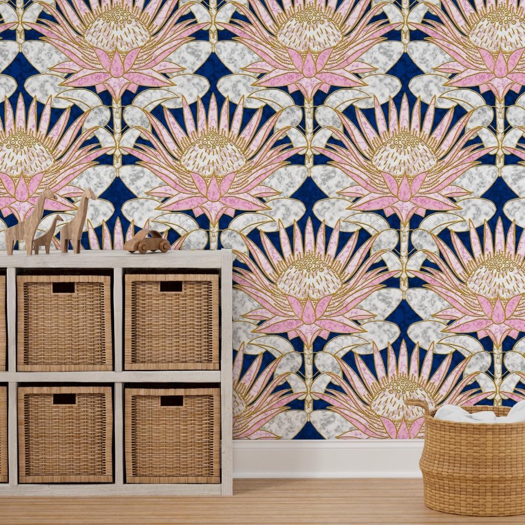 Peel & Stick Wallpaper 6ft x 2ft - Art Deco, Blush, Protea, Glam, Pink, Navy, Gold, Marble Look, 1920S, Hollywood, Blue, Large Scale, Custom Removable Wallpaper by Spoonflower