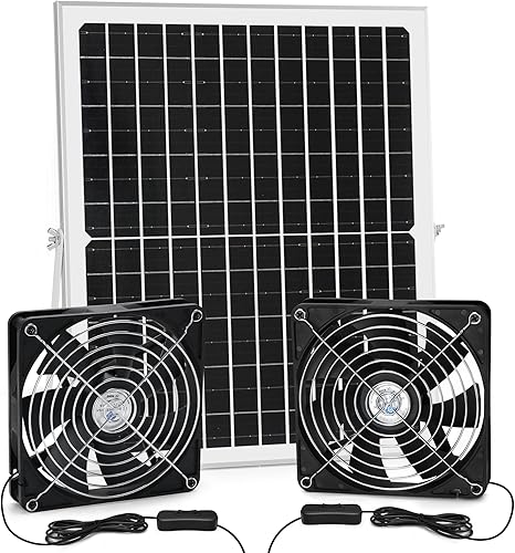 Miniatura 1 de Kit de ventilador doble solar para aire de entrada o escape, ventilador alimentado por panel solar de 25 W para gallinero, invernadero, ventiladores