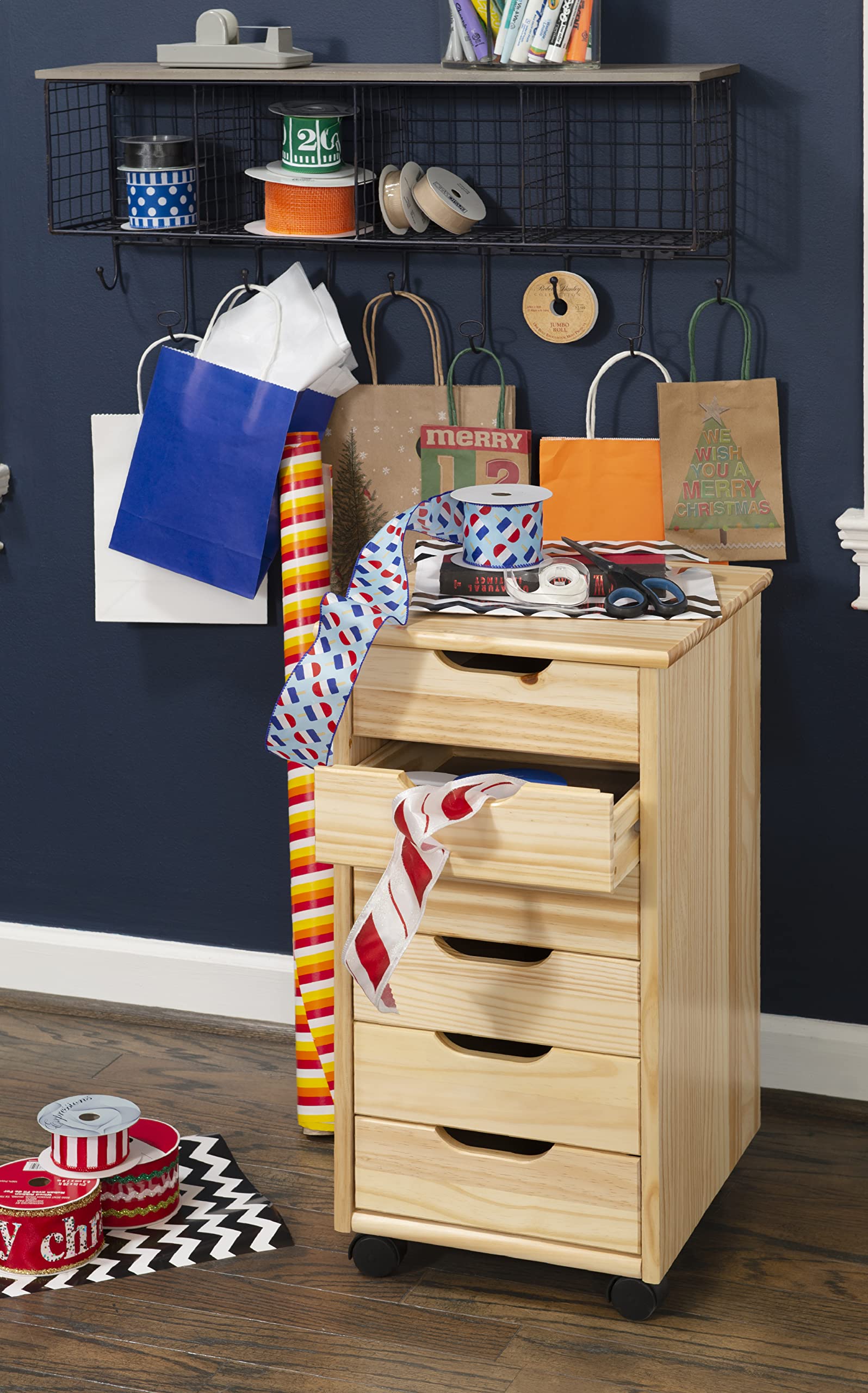 Linon Home Decor Products Corinne Six Drawer Storage, Natural Rolling Cart