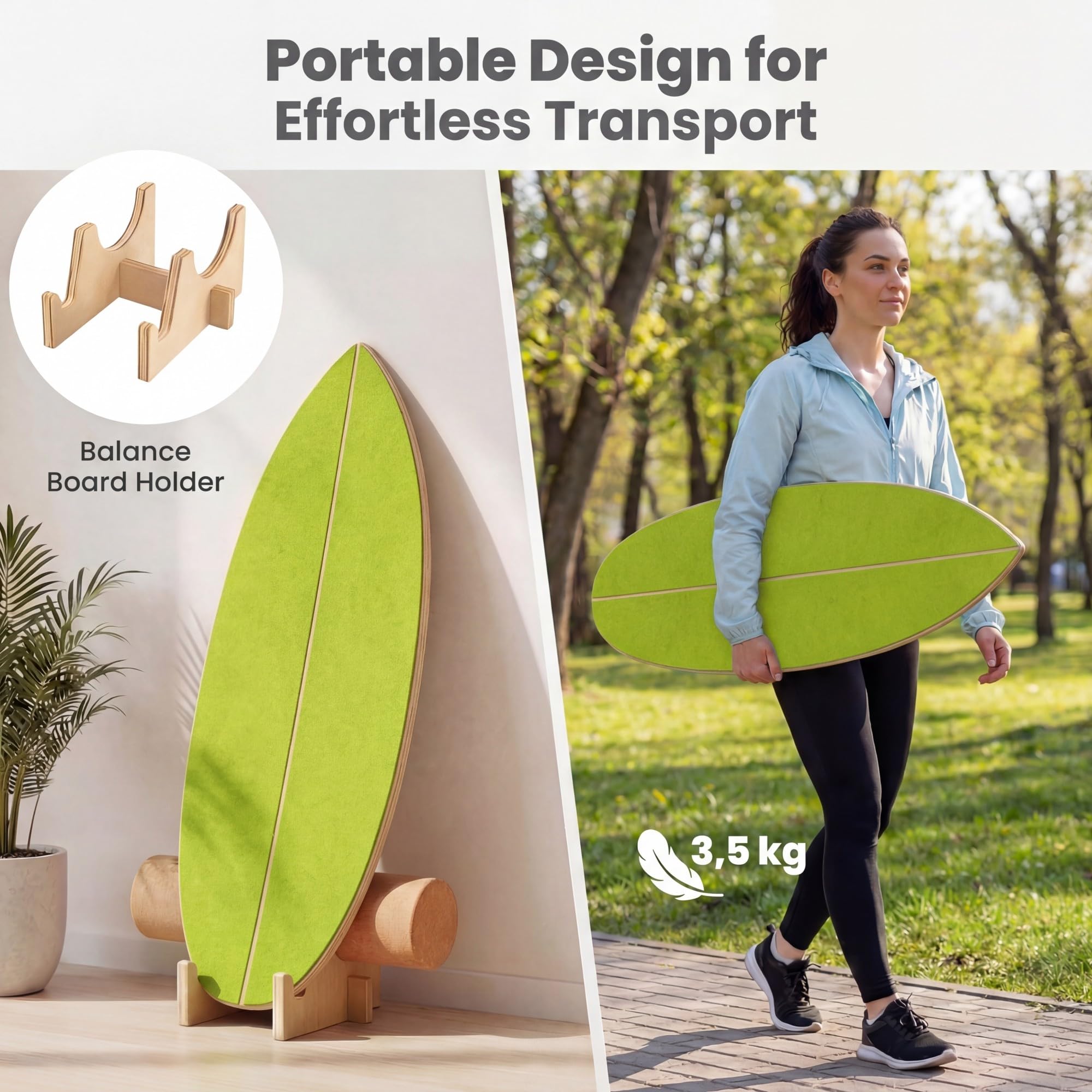 KOMFOTTEU Balance Board mit Korkrolle & Halter, Balancebrett aus Birkenholz, Gleichgewichtsboard Indoor Training Surfen Skaten, Wackelbrett Trickboard max.150kg belastbar