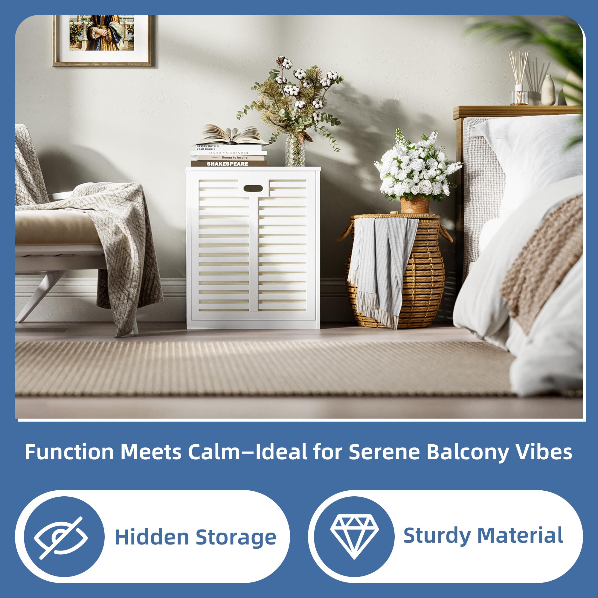 HITNET Meuble Salle de Bain avec Panier à Linge, Armoire bas Salle de Bain en Bambou avec Sac Intérieur Amovible pour Buanderie, Toilette et Chambre à coucher, Blanche