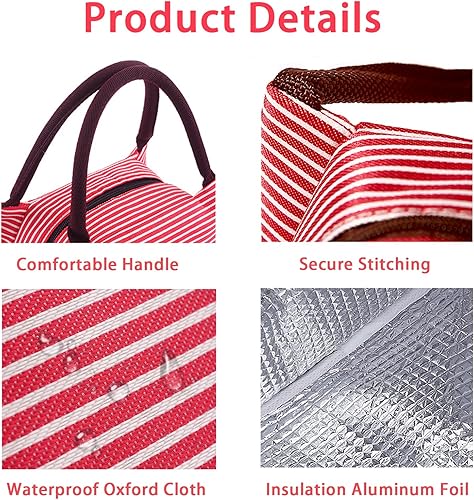 Miniatura 5 de Bolsa de almuerzo reutilizable portátil de 2 piezas bolsa de almuerzo aislada bolsa de picnic térmica para el trabajo la escuela picnic rojo  verde