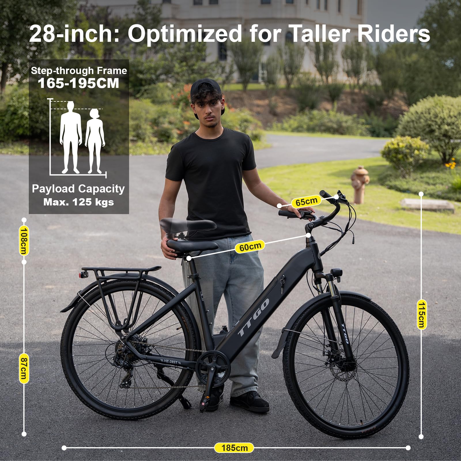 ttgo 28 Zoll E-Bike für Damen & Herren, 250W Heckmotor 36V 20Ah Herausnehmbarem Akku, 7-Gang 25 km/h, 90-110 km Reichweite, City E-Bike für Alltag & Stadtverkehr, HZ-28ST