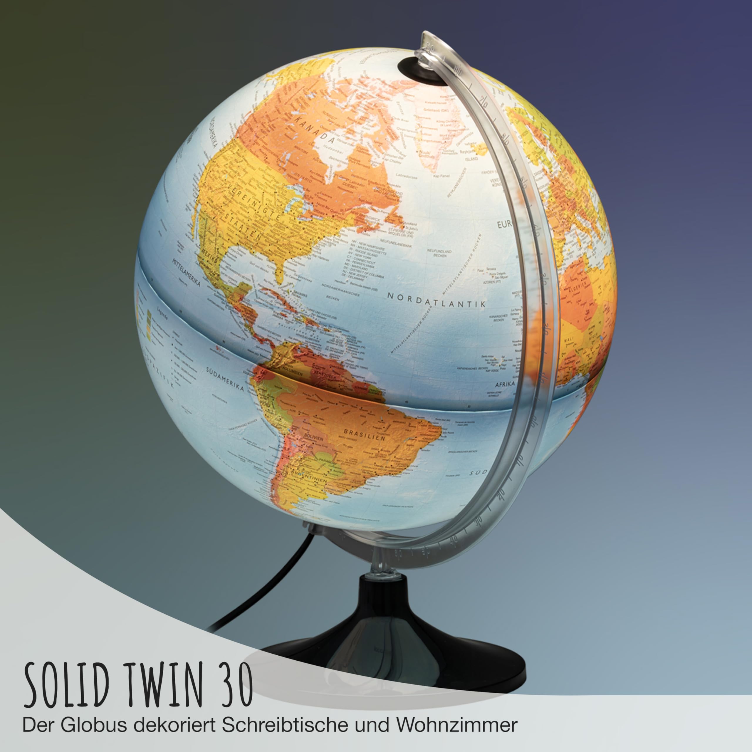 Solid Twin 30 - Leuchtglobus - beleuchteter 30cm Globus mit stabilem Standfuß, physisch/politische Doppelbild-Kartografie in deutscher Sprache