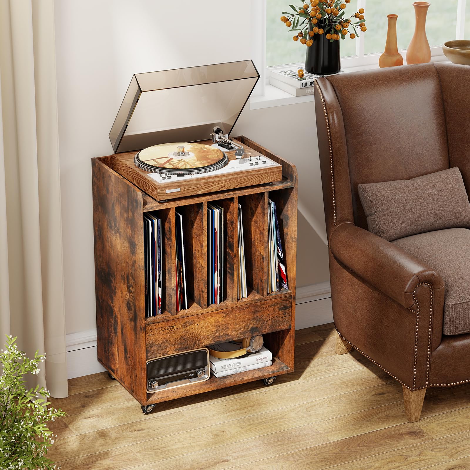 COSTWAY Soporte para Tocadiscos con Ruedas, Mueble para Discos de Vinilo con 5 Compartimentos, Cajón y Estante Abierto, Mesa Auxiliar para Tocadiscos para Salón, Oficina, 52 x 35,5 x 73 cm (Marrón)