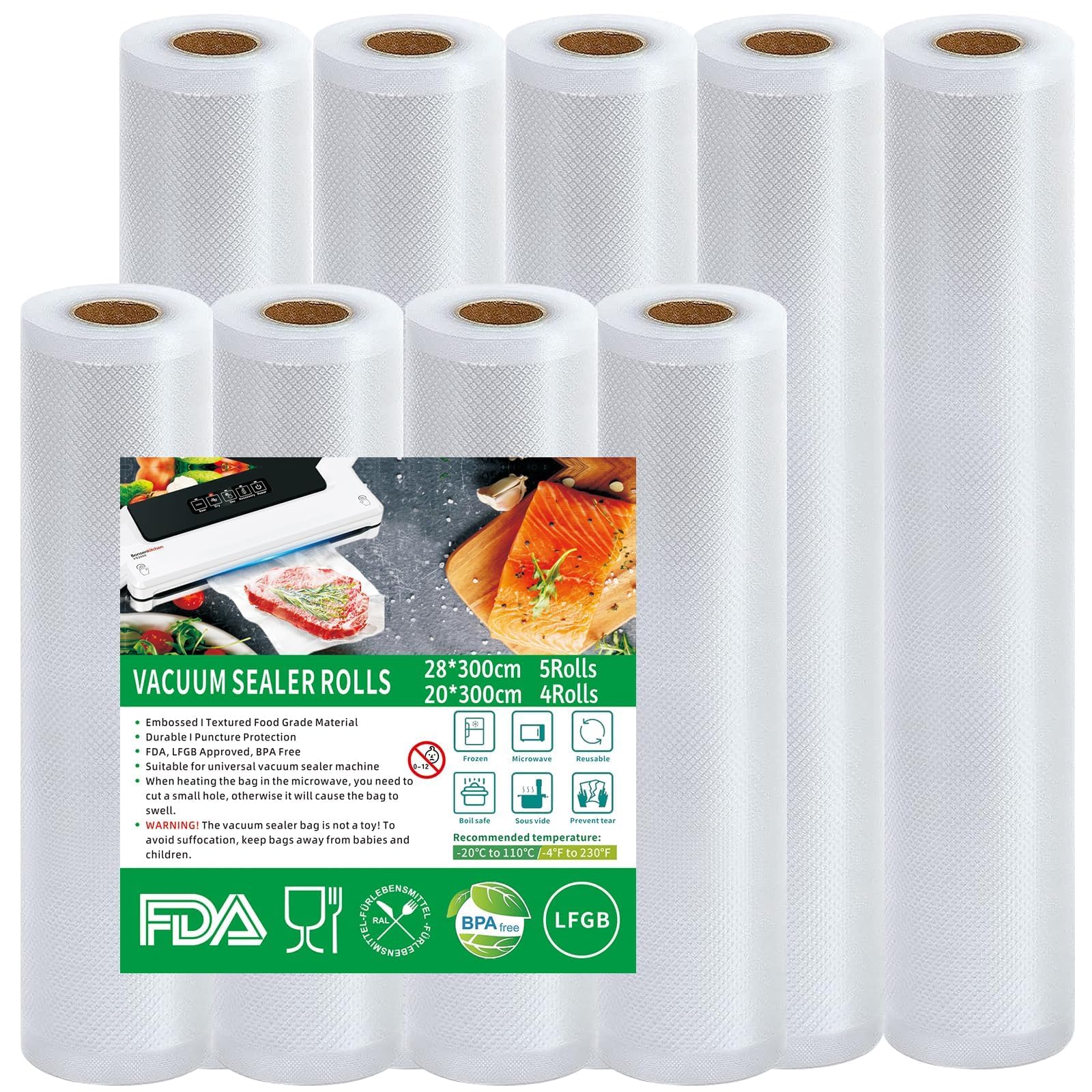 Sacchetti Sottovuoto Alimenti, 20x300cm(4 Rotoli), 28x300cm(5 Rotoli), Senza BPA, 190 µm, Sacchetti Sottovuoto per Macchina Sottovuoto e Sous Vide Cucina